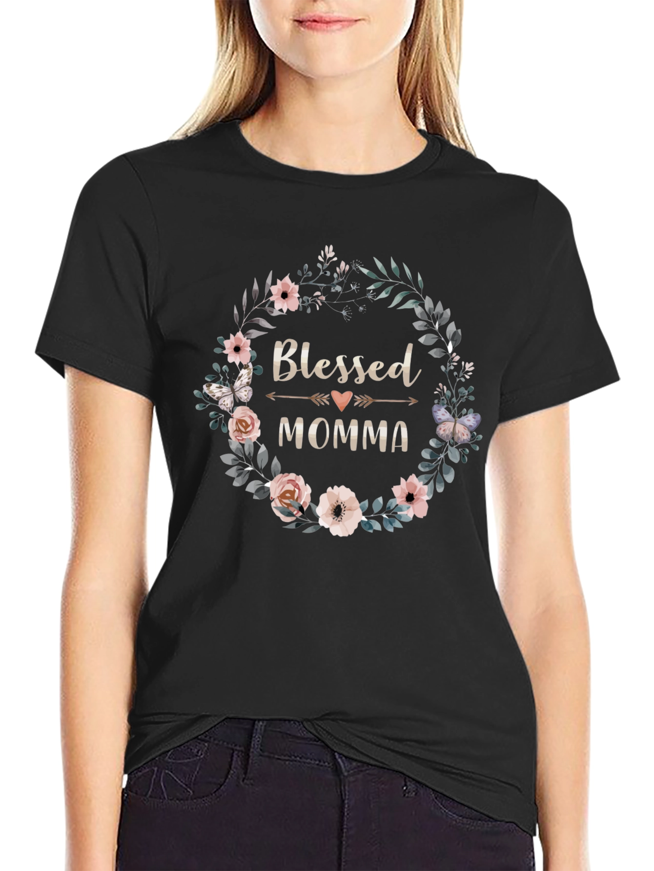 Black Blessed Momma Floral Wreath T-Shirt view 2