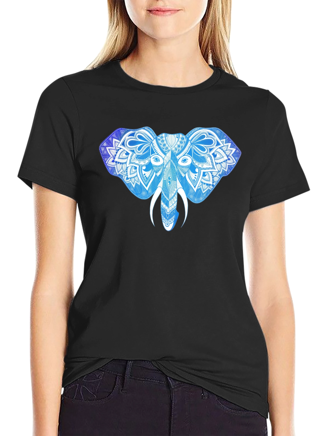 Black Elephant Mandala Graphic Print T-Shirt view 2