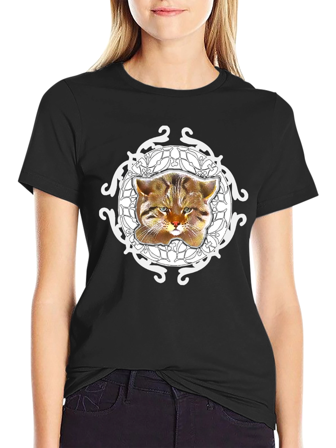 Black Whimsical Cat Graphic Tee - Unique Design view 2