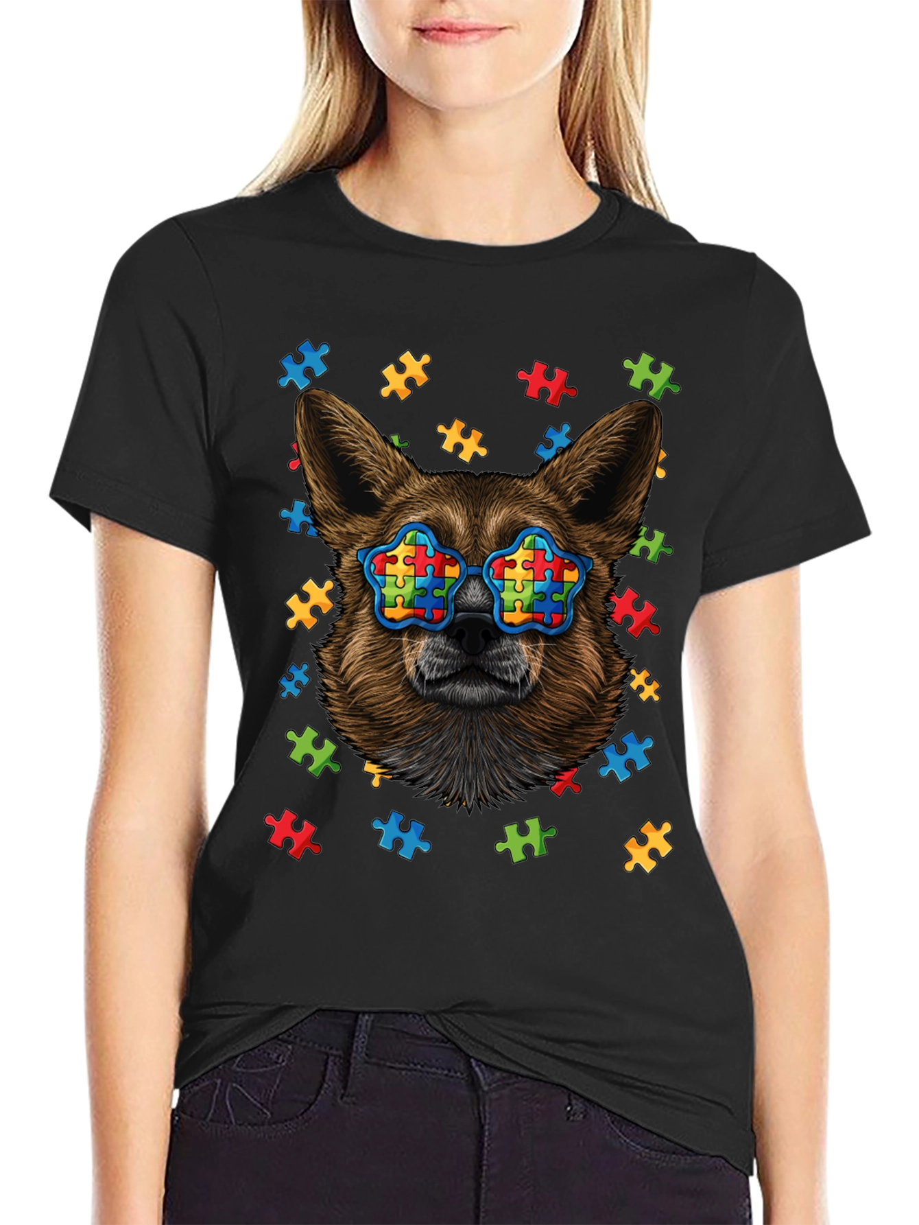 Black Dog Autism Puzzle T-Shirt view 2