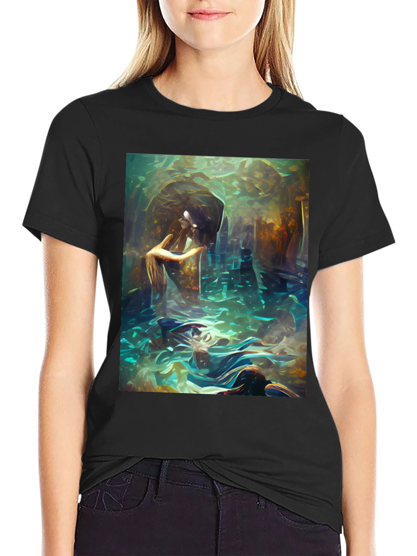 Black Artistic Underwater Scene Black T-Shirt view 2
