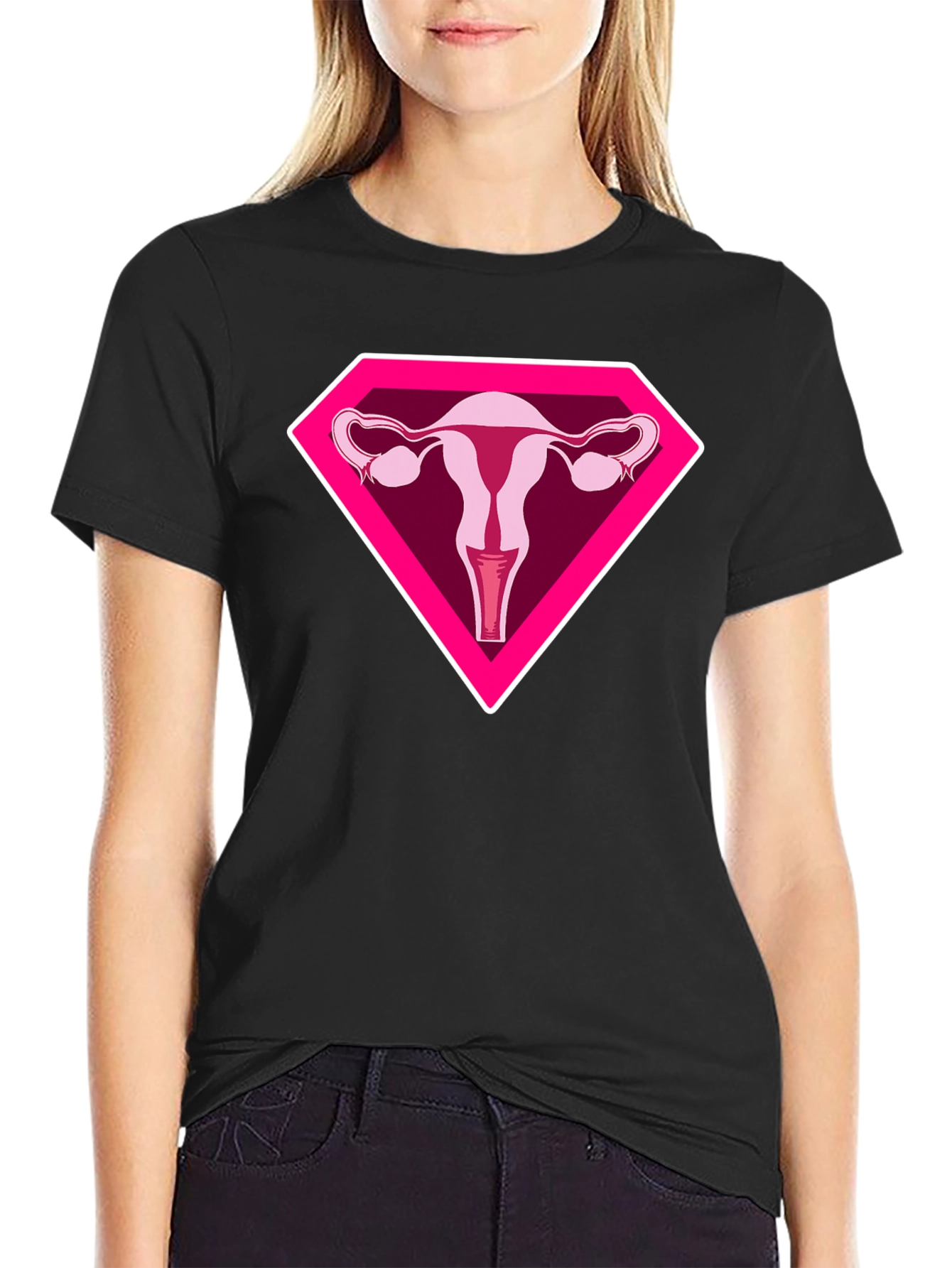 Black Uterus Superhero Graphic Tee - Black Cotton T-Shirt view 2