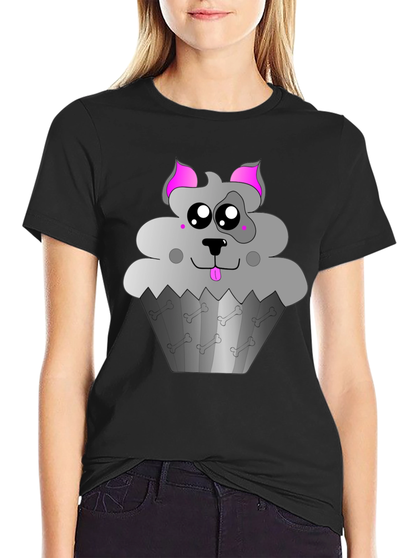 Black Cute Dog Cupcake Graphic Tee - Black view 2