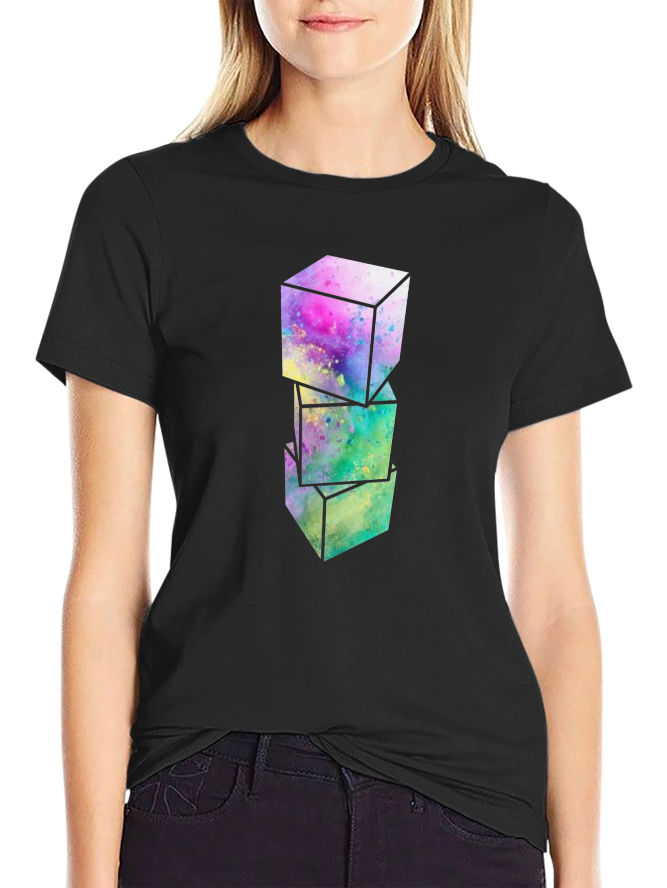 Black Abstract Cubes Graphic T-Shirt - Modern Art Tee view 2