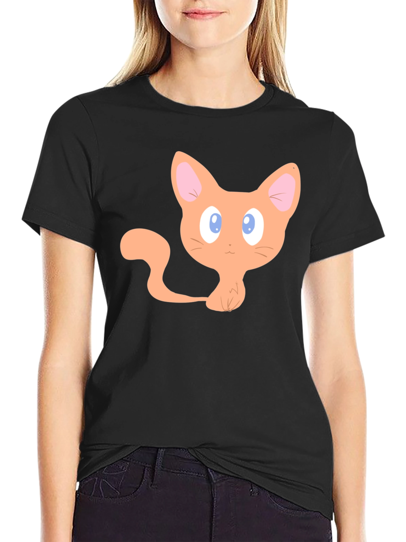 Black Cute Cartoon Cat Graphic T-Shirt - Black view 2