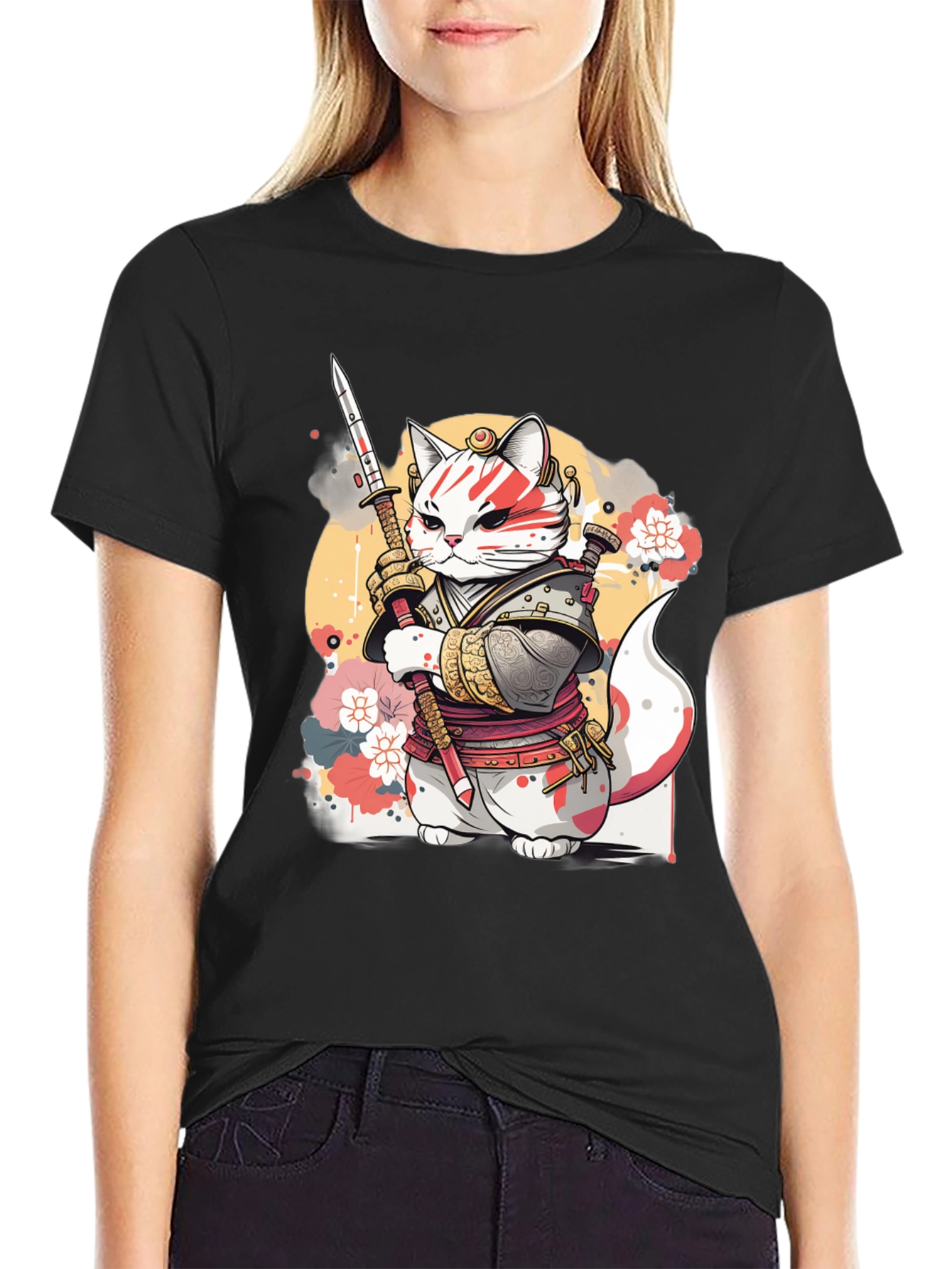 Black Samurai Cat Graphic Tee - Unique Anime Style view 2