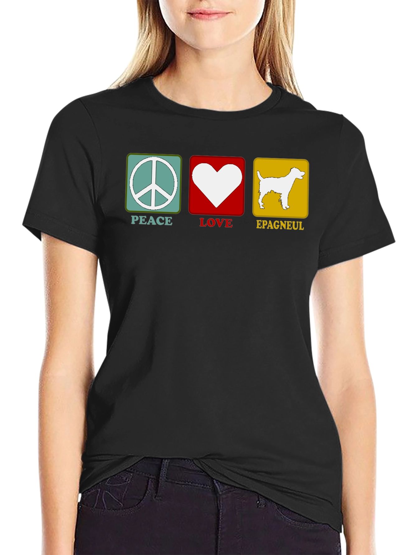 Black Peace Love Epagneul Dog T-Shirt view 2