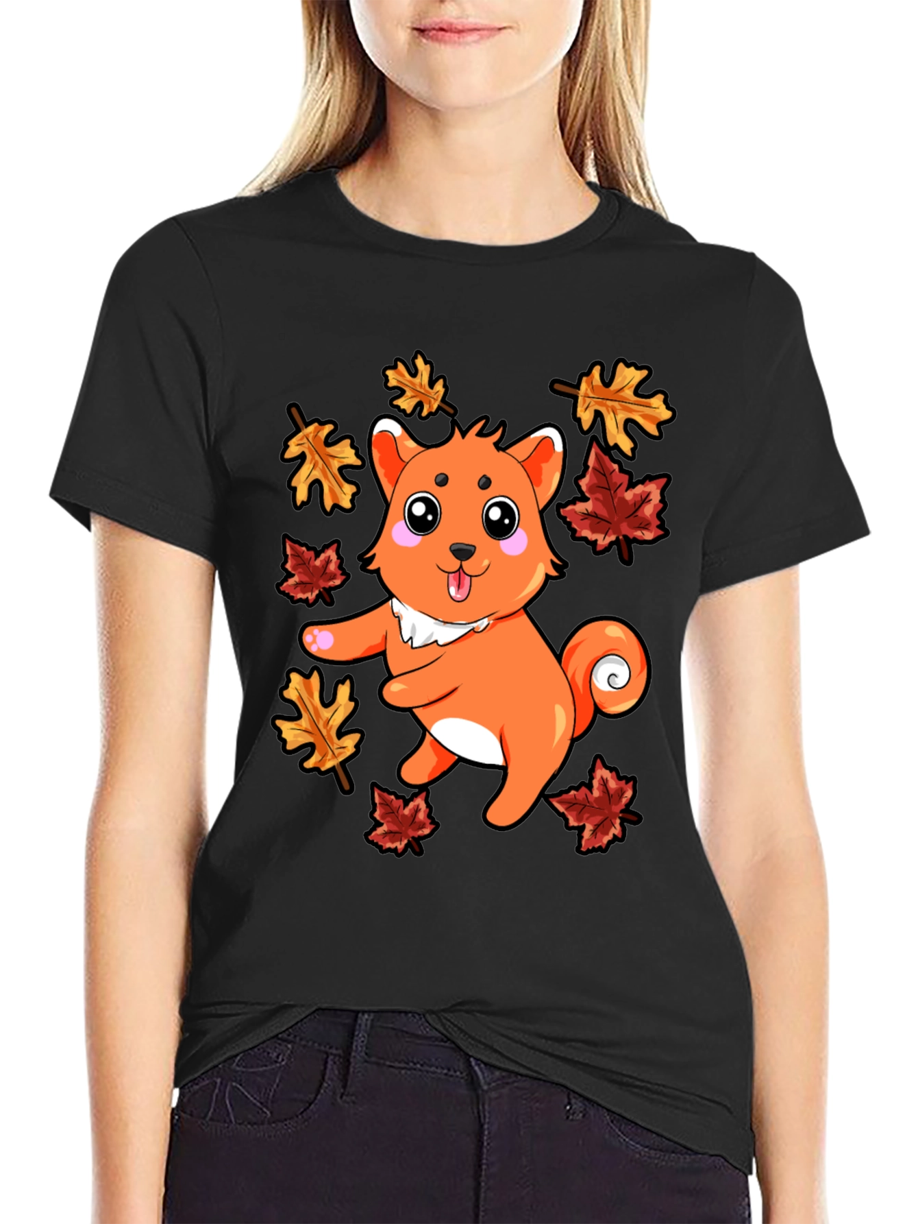 Black Autumn Shiba Inu T-Shirt - Cute Dog & Fall Leaves view 2