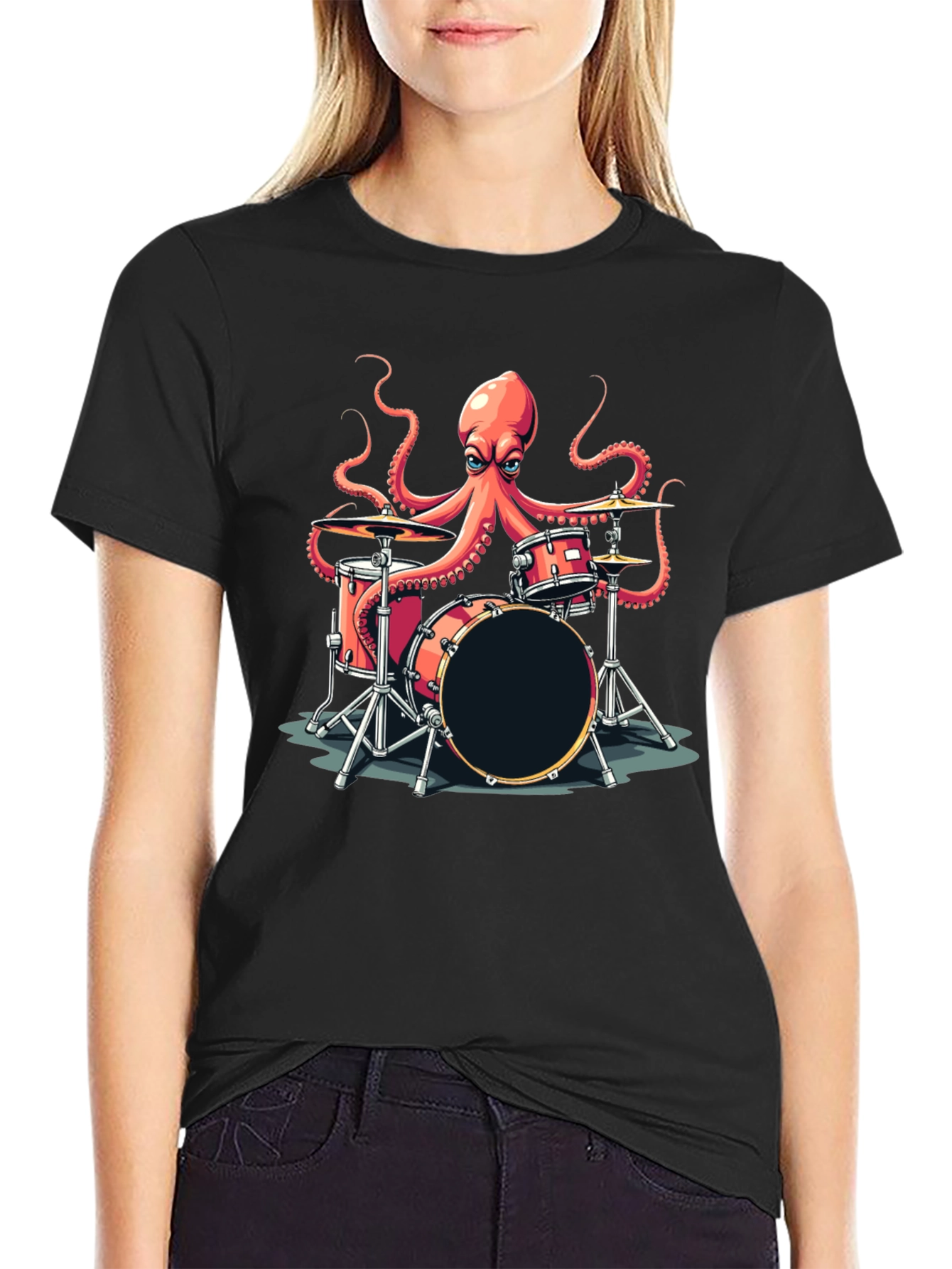 Black Octopus Drummer Graphic T-Shirt - Black view 2