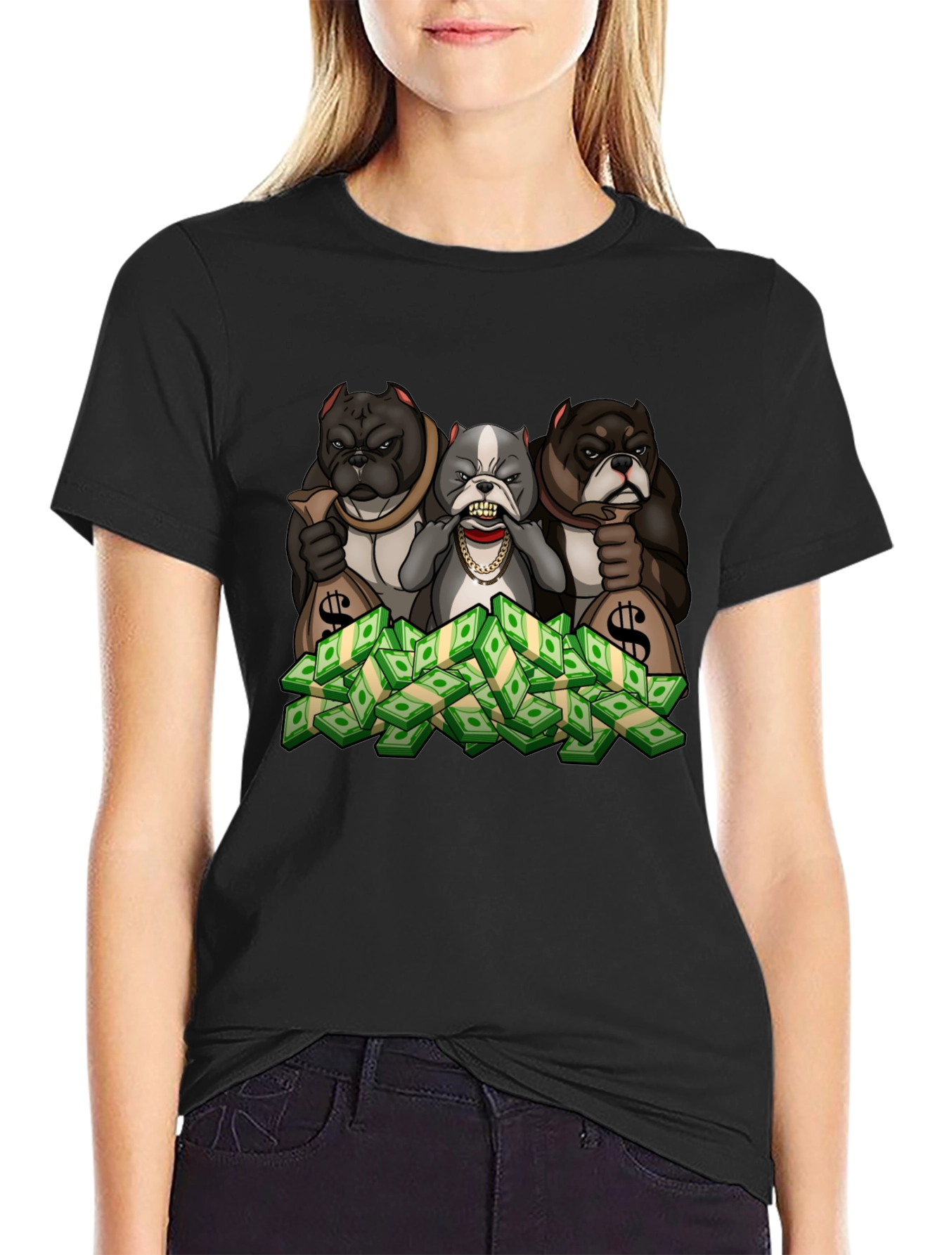 Black Bulldog Money T-Shirt - Cartoon Graphic Tee view 2