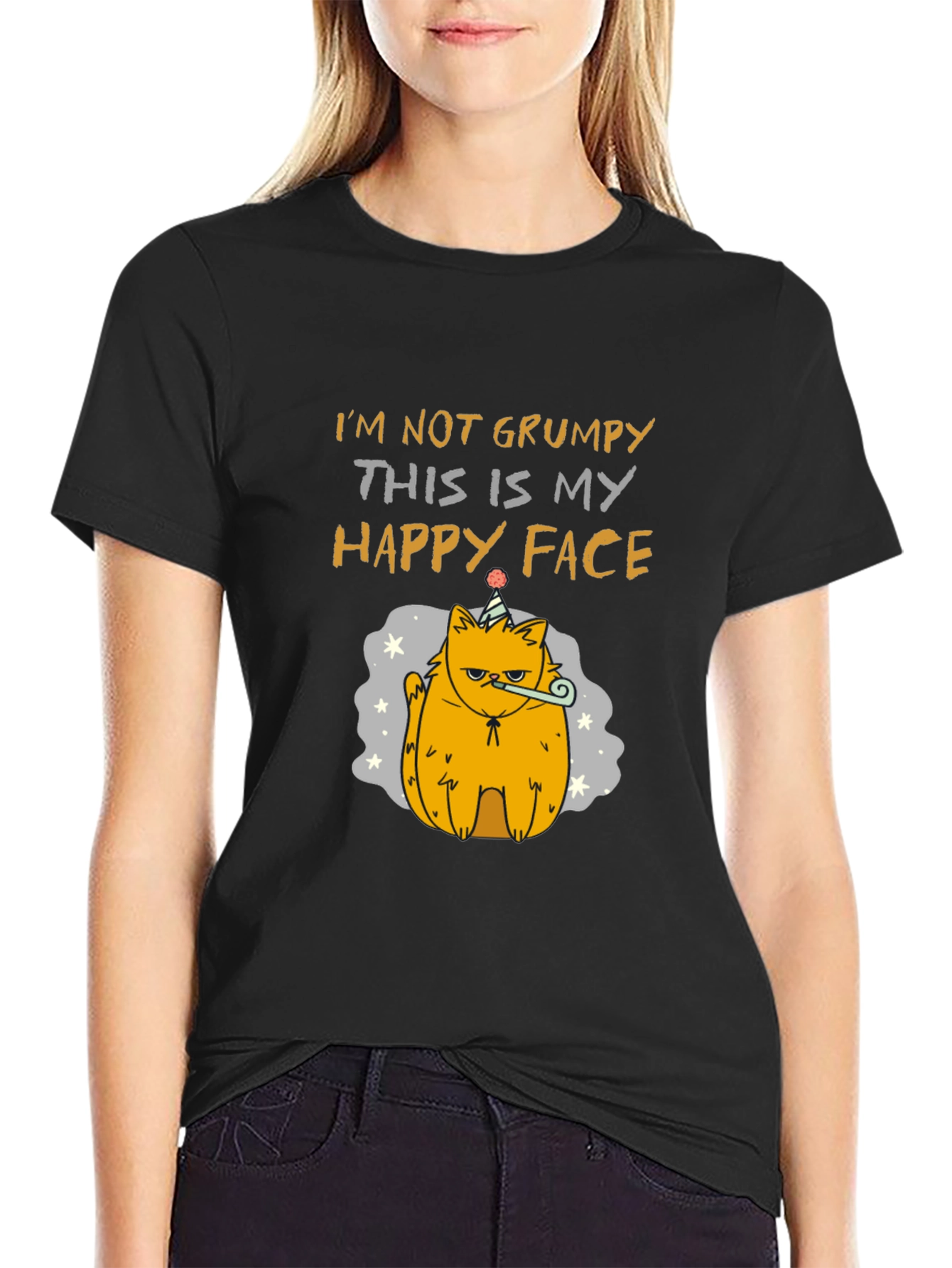 Black Grumpy Cat T-Shirt - Happy Face Design view 2