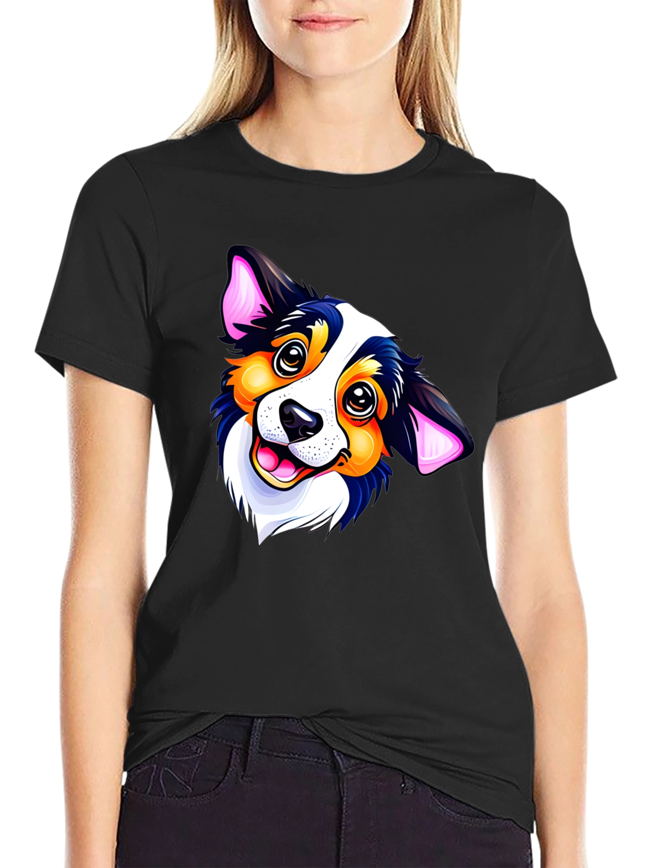Black Cartoon Dog Graphic Black T-Shirt view 2