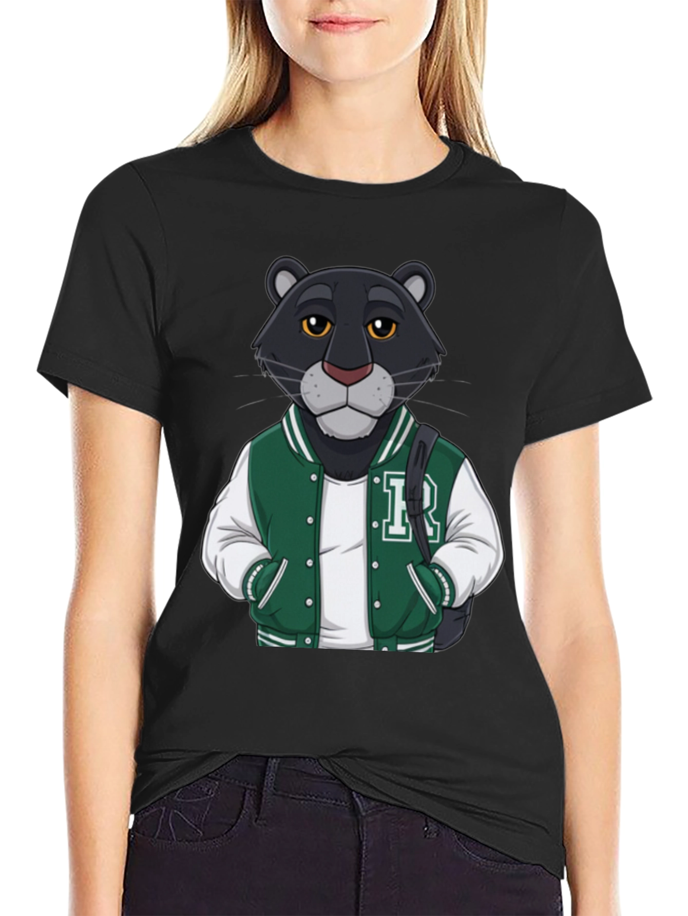 Black Cartoon Panther Varsity Jacket Graphic Tee view 2
