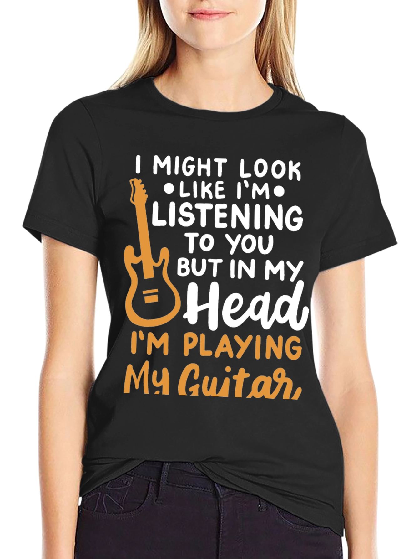 Black Guitar Lover T-Shirt - "In My Head I'm Playing Guitar" view 2
