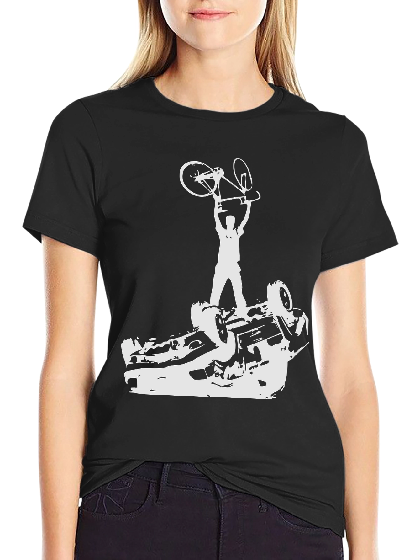 Black Black T-Shirt with Cyclist Car Flip Graphic Tee view 2