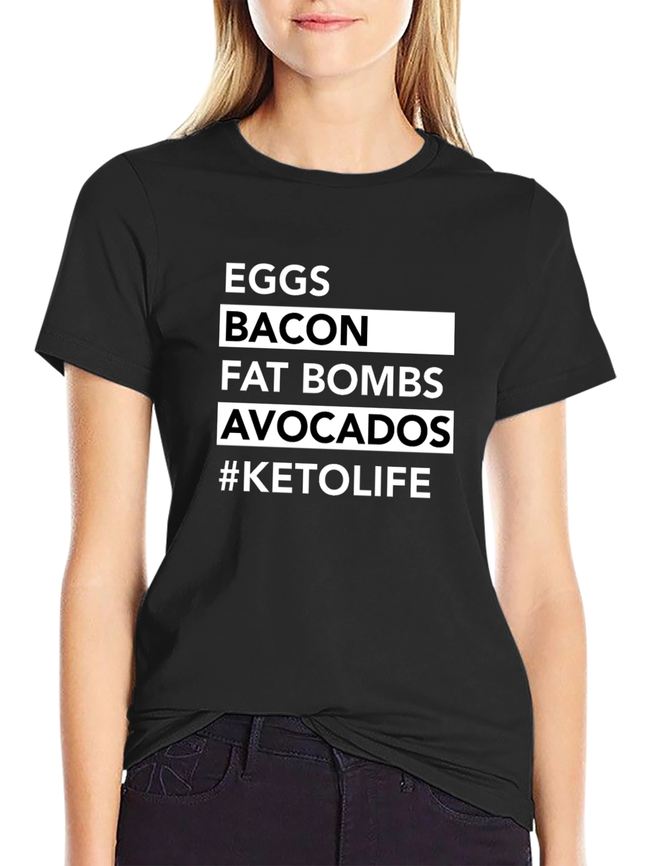 Black Keto Life Black T-Shirt: Eggs, Bacon, Avocados view 2