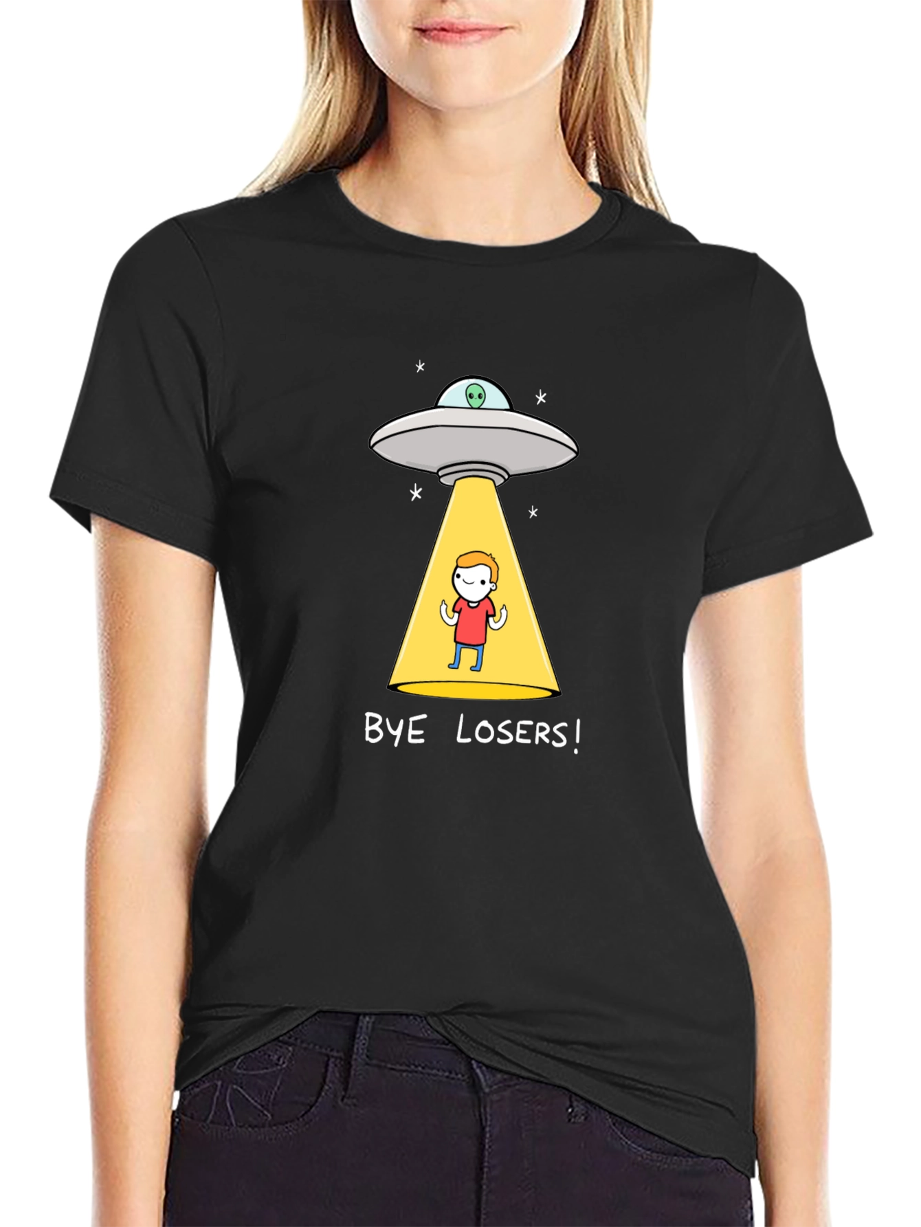 Black Bye Losers! Alien Abduction Graphic Tee - Black Cotton Blend view 2