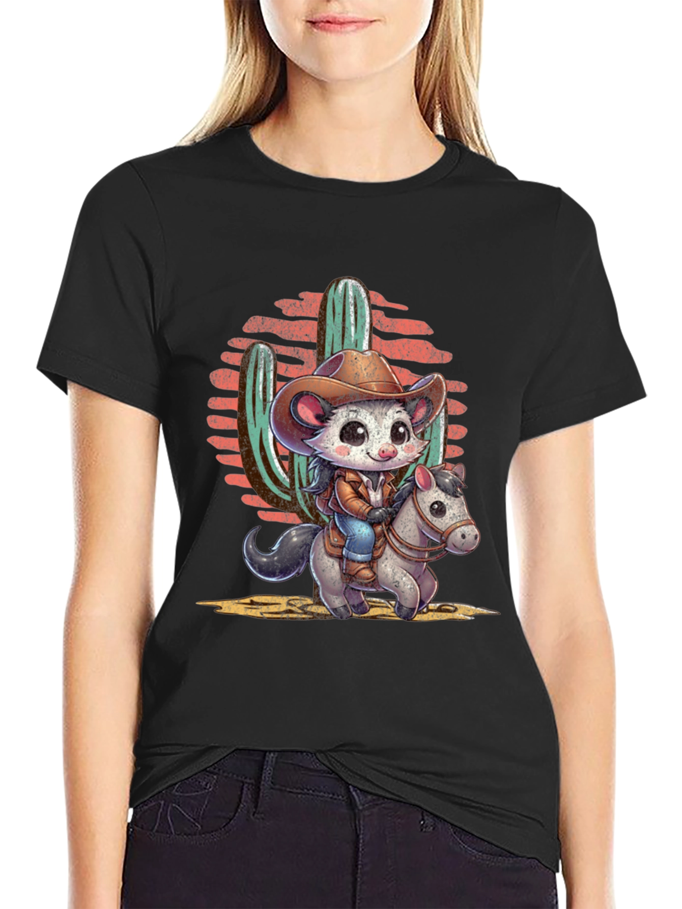 Black Cute Cowboy Possum T-Shirt view 2