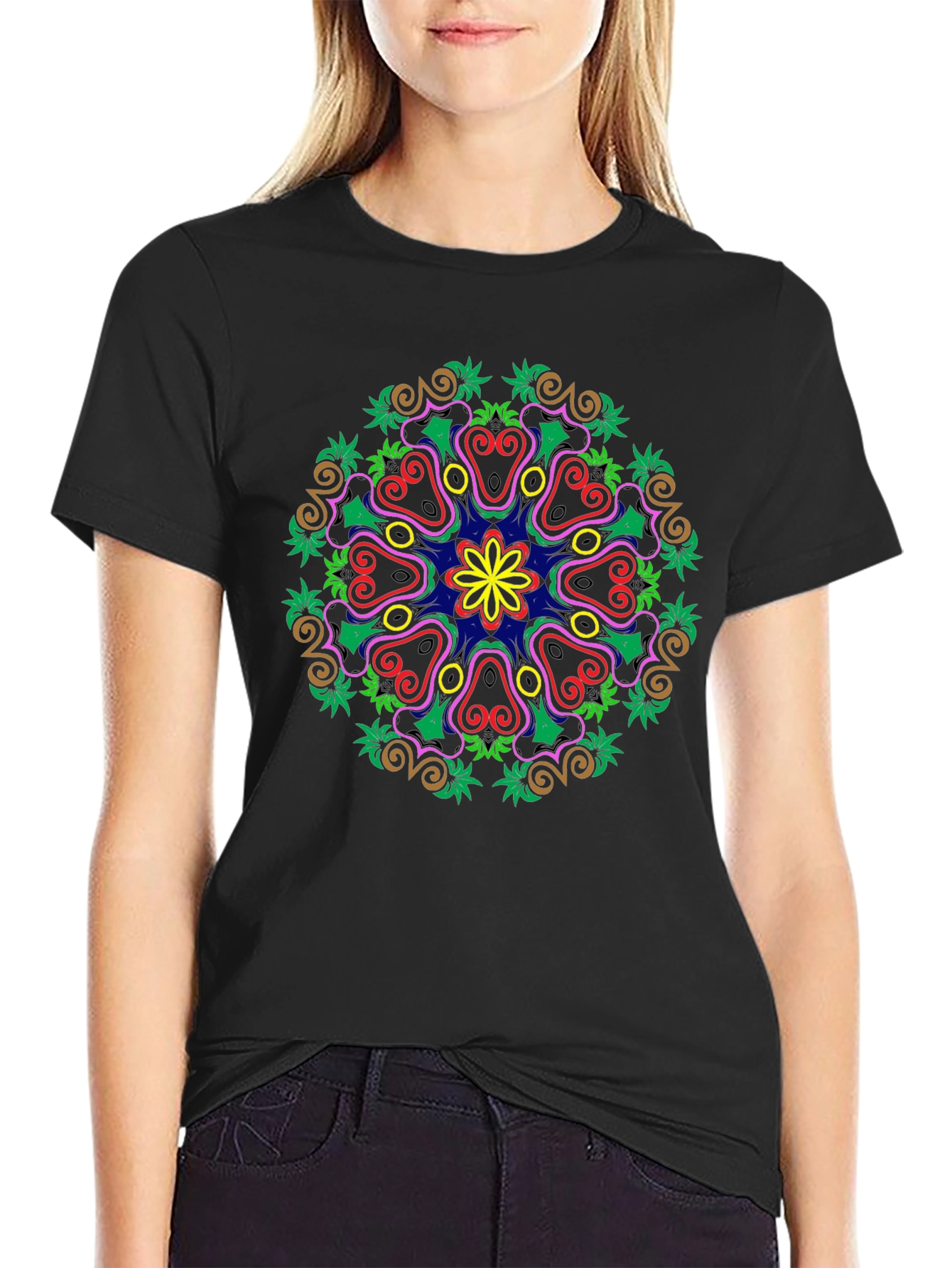 Black Colorful Mandala Graphic Print Black T-Shirt view 2