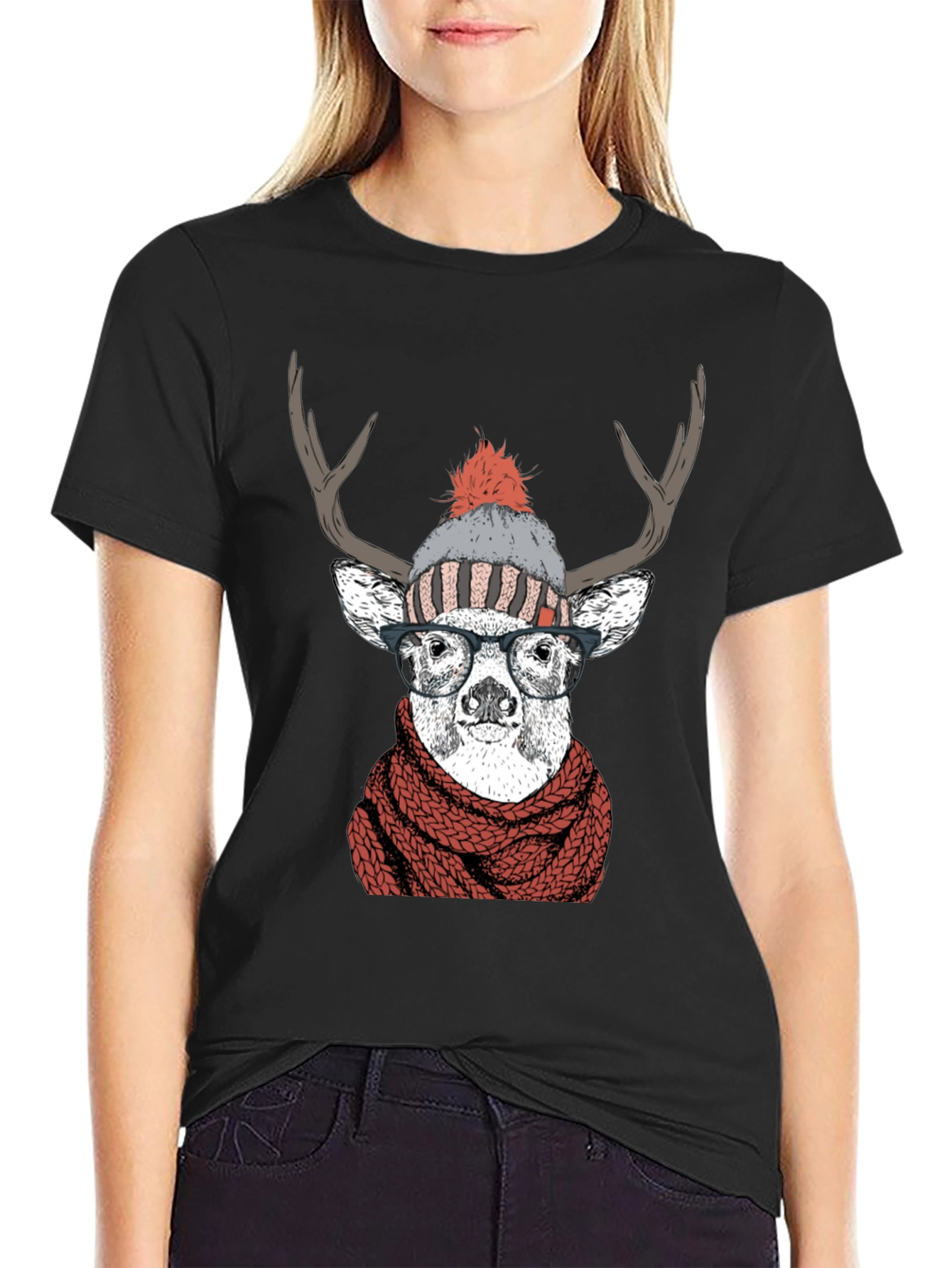 Hipster Deer Graphic Tee - Antler Scarf & Glasses - 2
