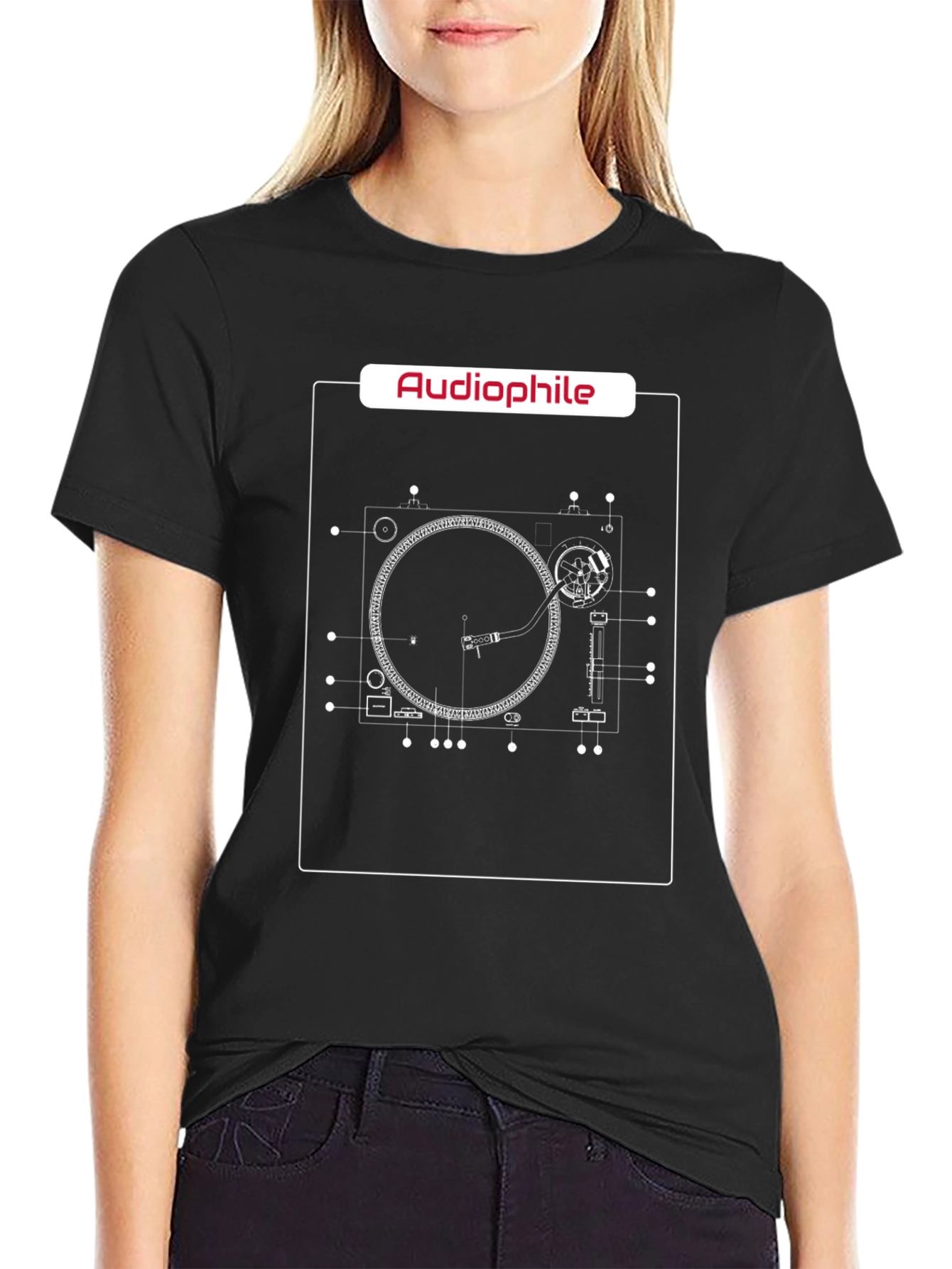 Black Audiophile Turntable Blueprint T-Shirt view 2
