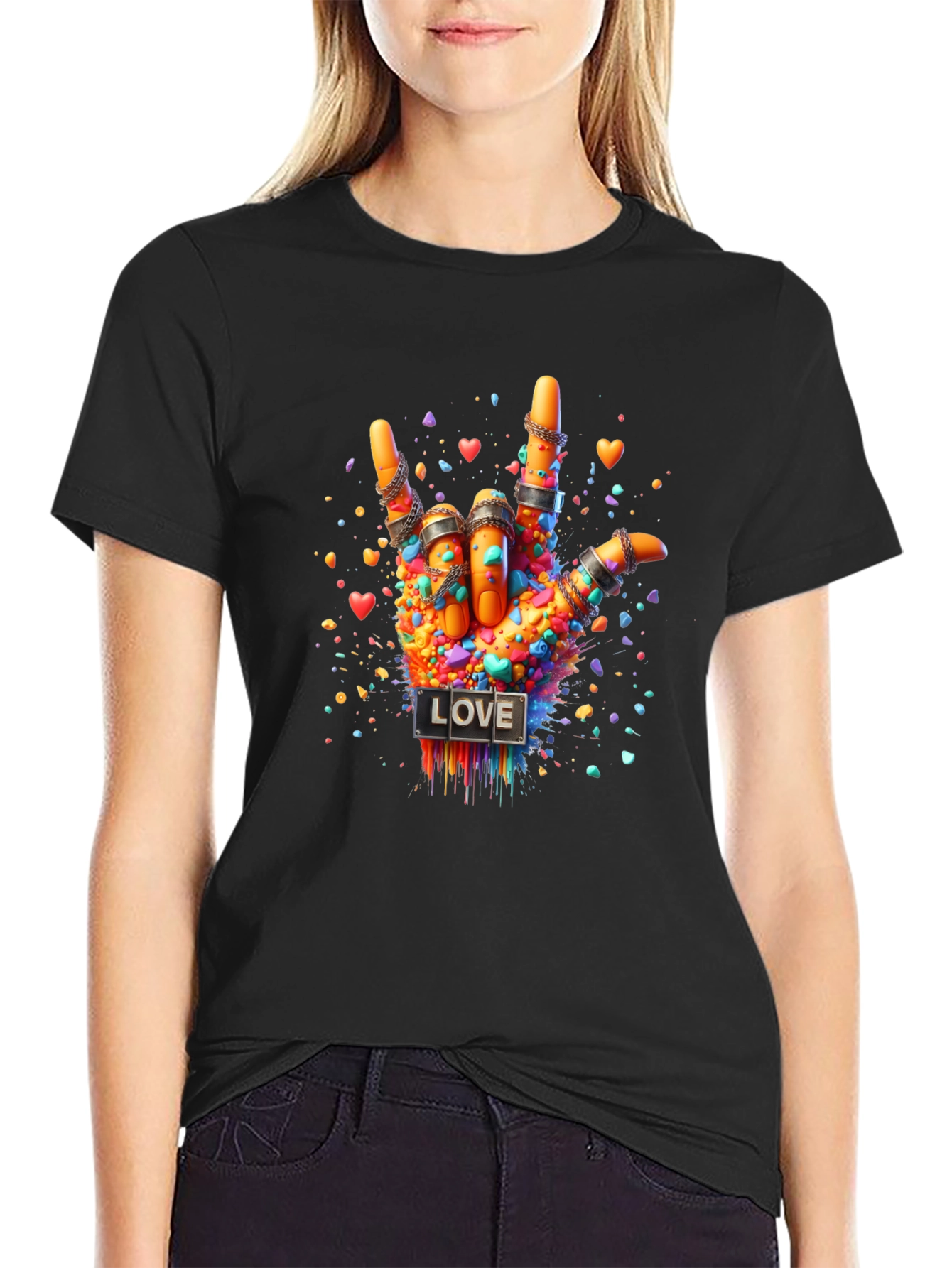Black Love Sign Hand Graphic Tee - Colorful ASL Design view 2