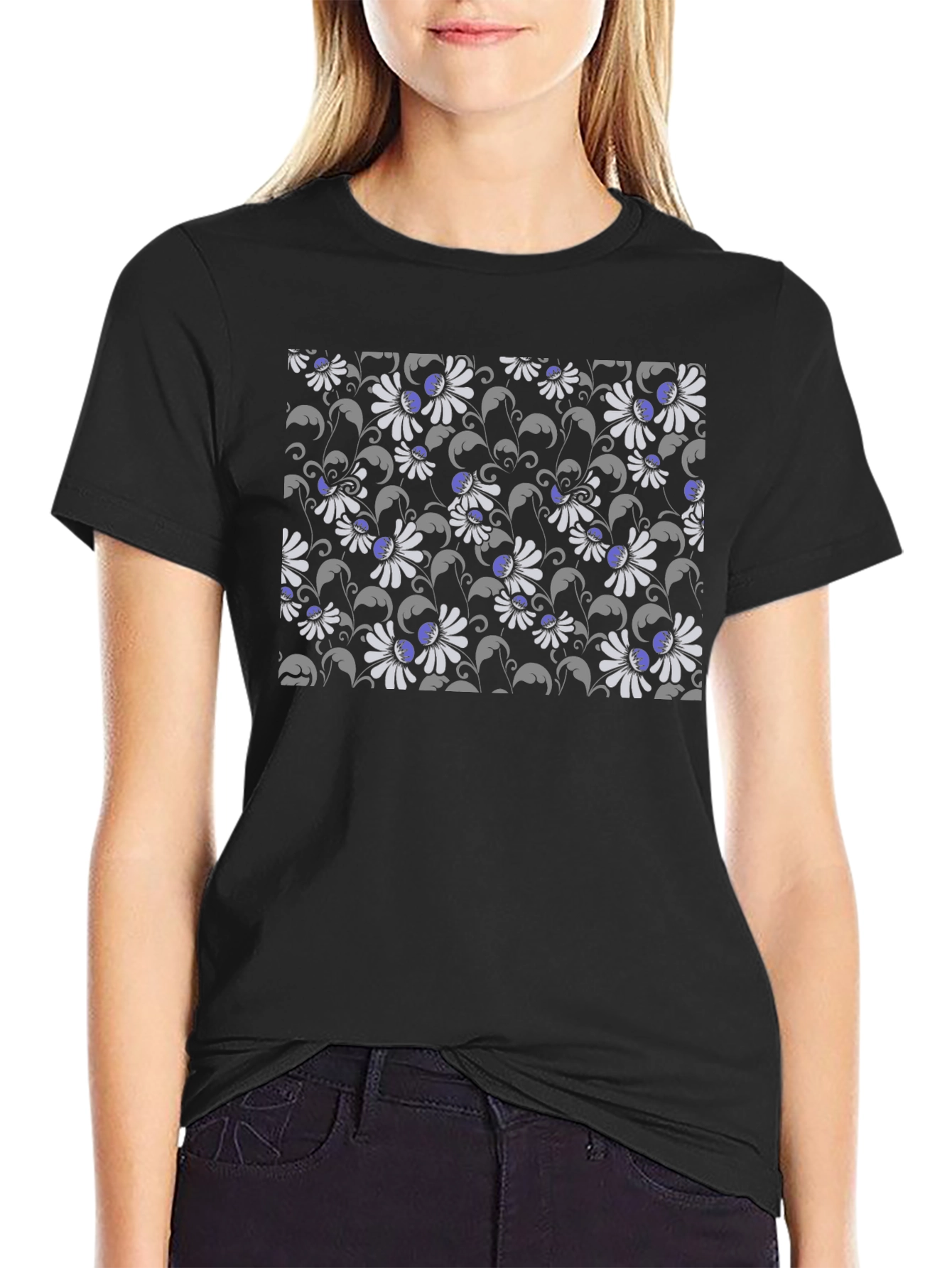 Black Floral Pattern T-Shirt view 2