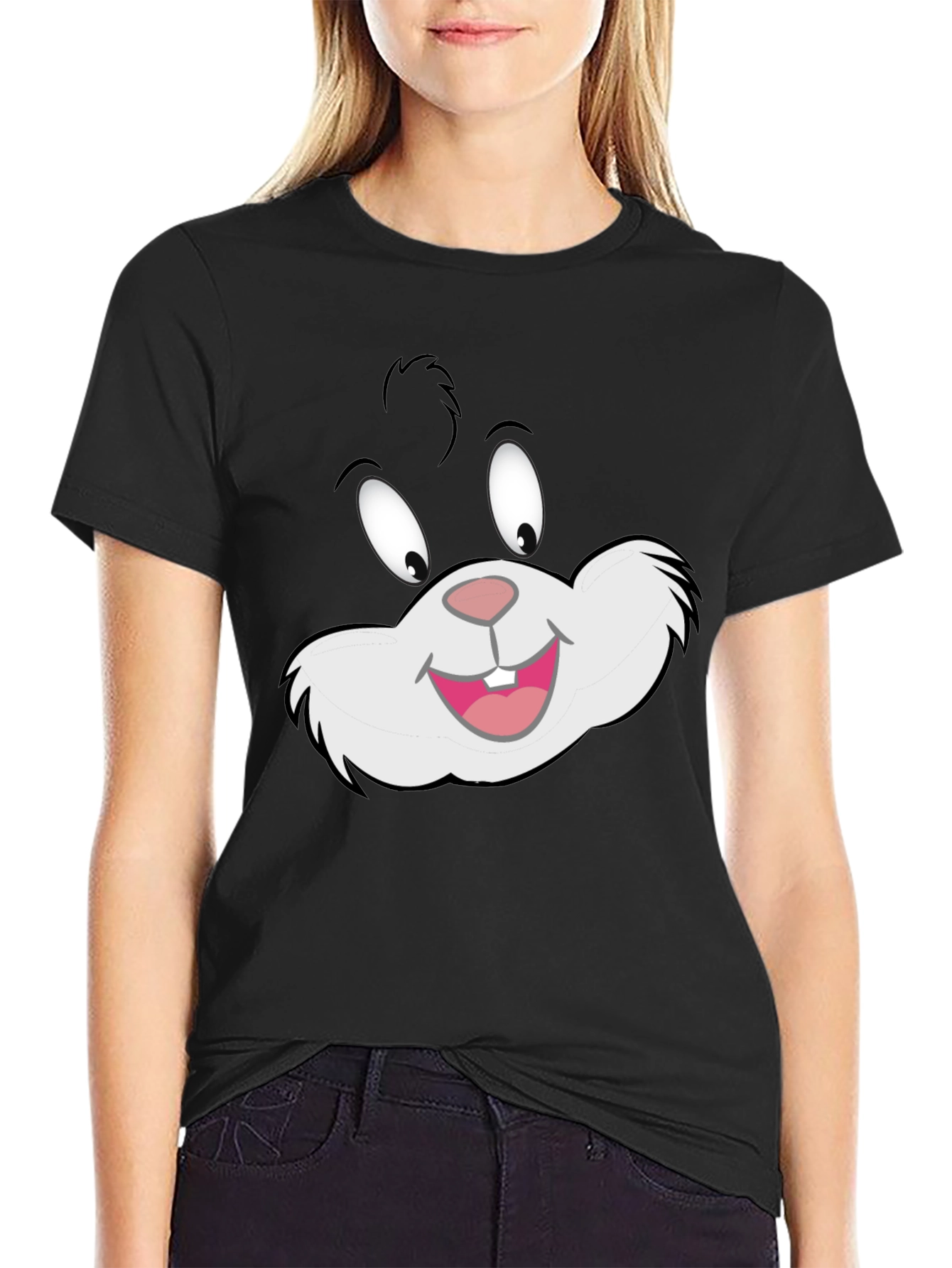Black Cartoon Cat Face Black T-Shirt view 2