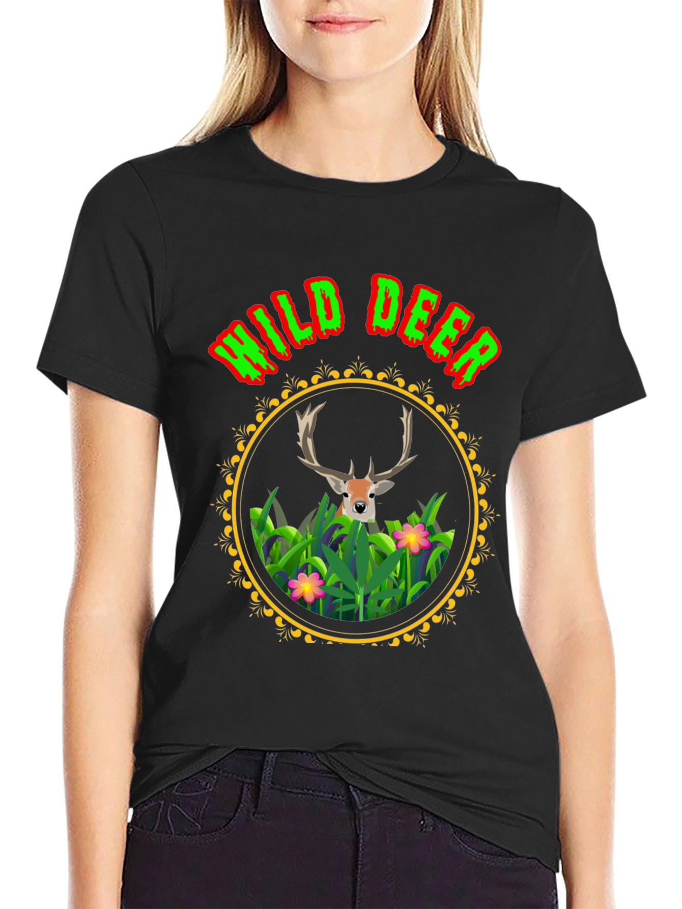 Black Wild Deer Graphic Tee - Nature Lover Shirt view 2