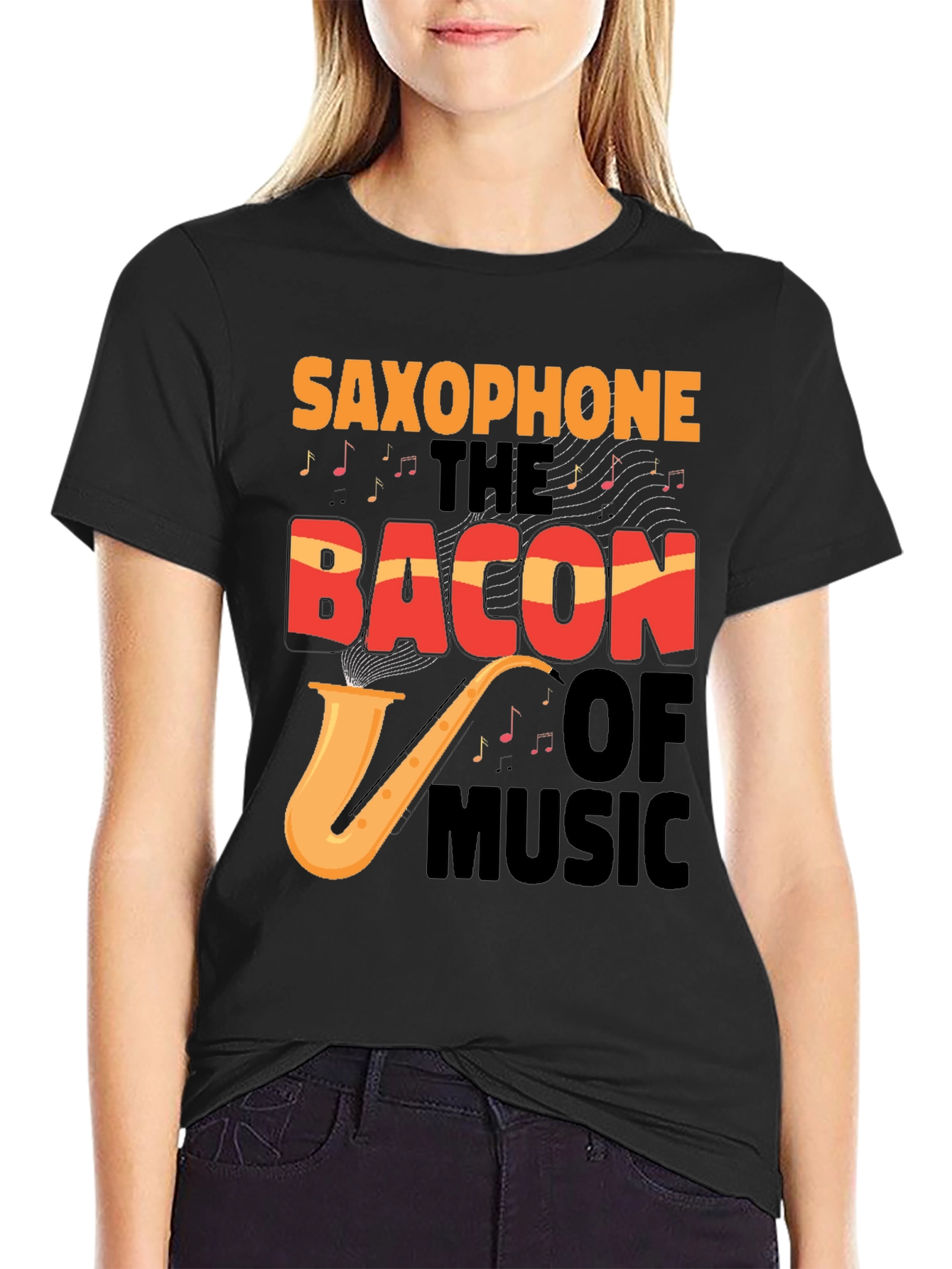 Black Saxophone Bacon of Music Graphic Tee view 2