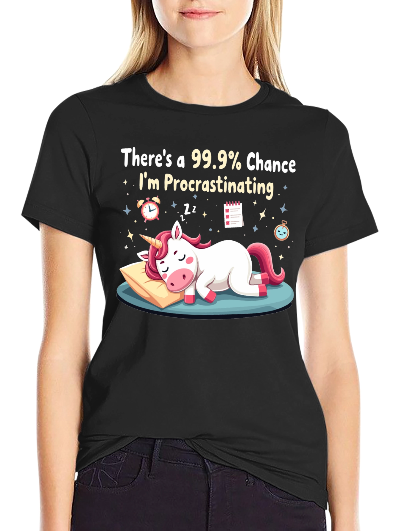 Black Procrastinating Unicorn Graphic T-Shirt - Black view 2