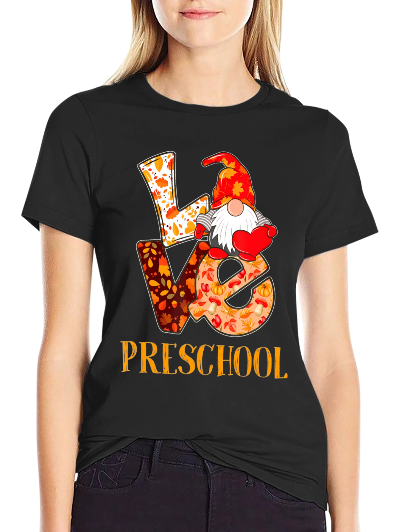 Black Love Preschool Fall Gnome Teacher T-Shirt view 2
