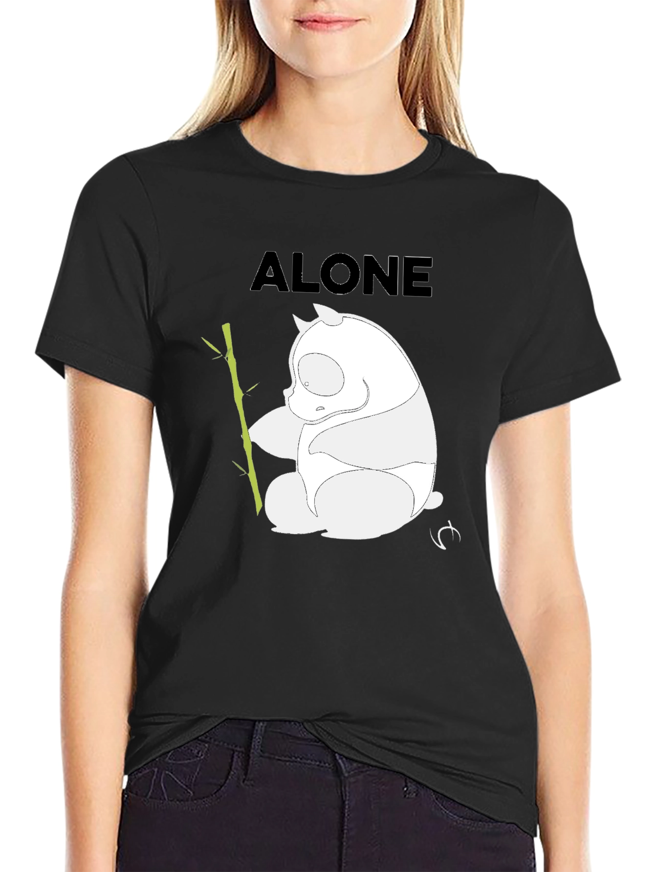Black Alone Panda Graphic T-Shirt - Black Casual Tee view 2