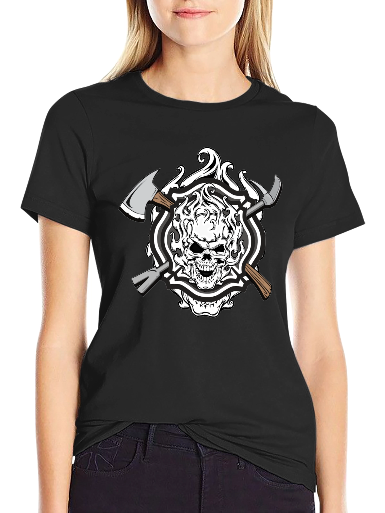 Black Skull Firefighter Axe Graphic T-Shirt - Black Cotton view 2