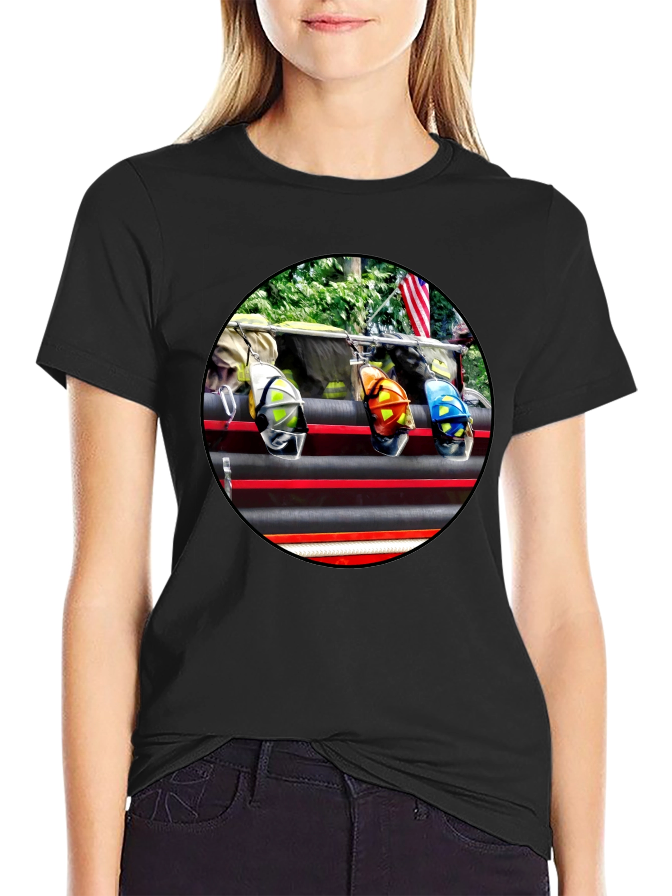 Black Firefighter Helmets Graphic T-Shirt view 2