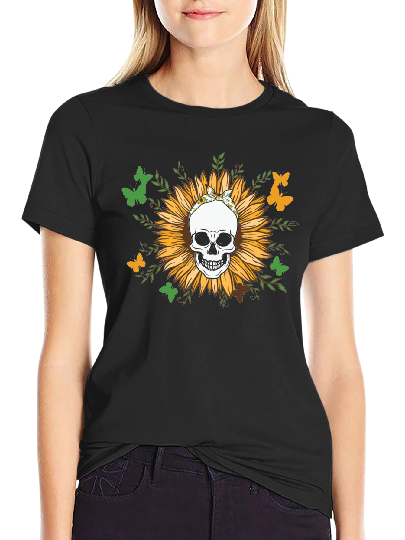 Black Sunflower Skull Graphic Tee view 2