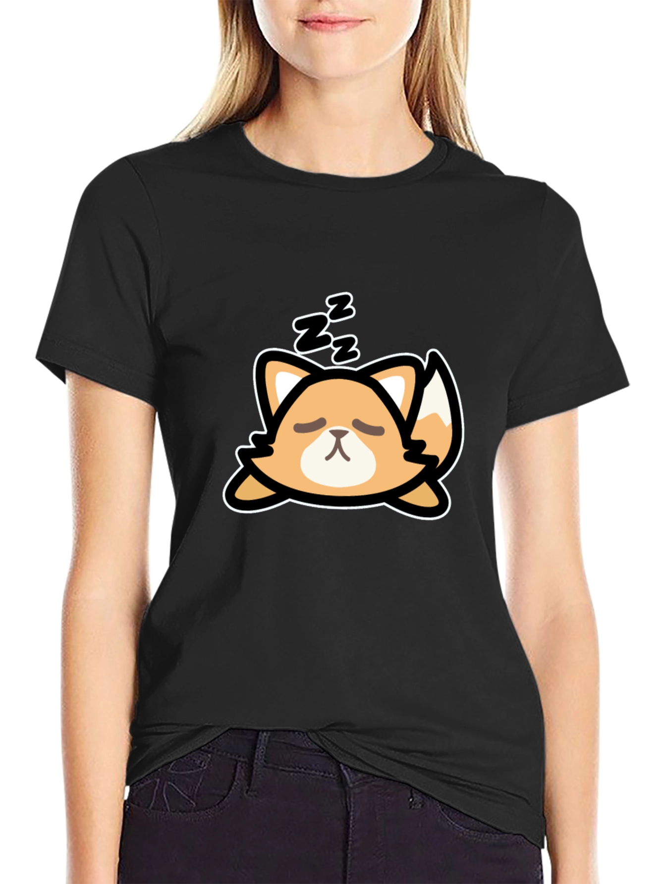Black Cute Sleeping Fox Graphic Tee - Black Cotton T-Shirt view 2