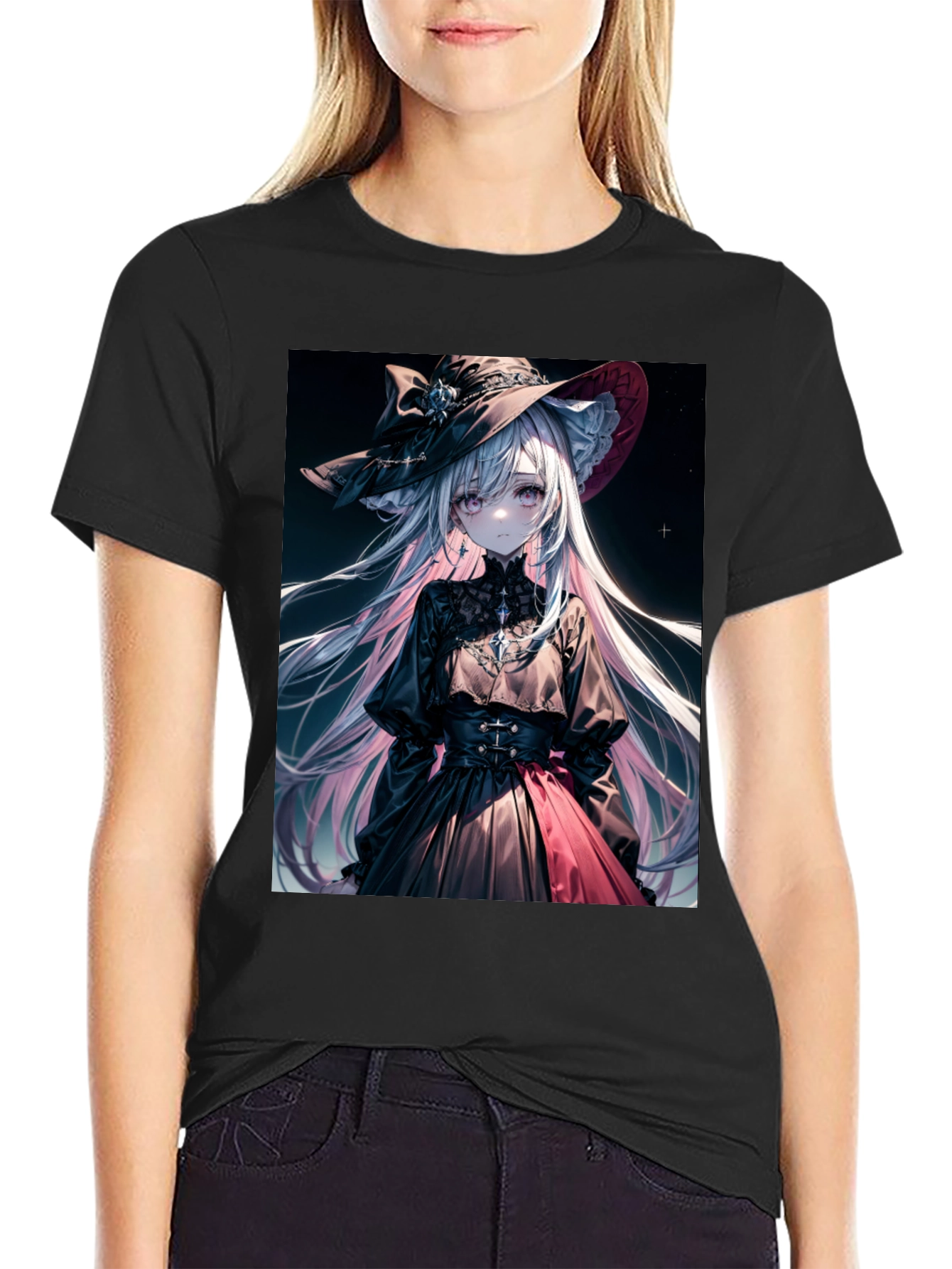 Black Anime Girl Graphic Tee - Stylish Black Cotton T-Shirt view 2