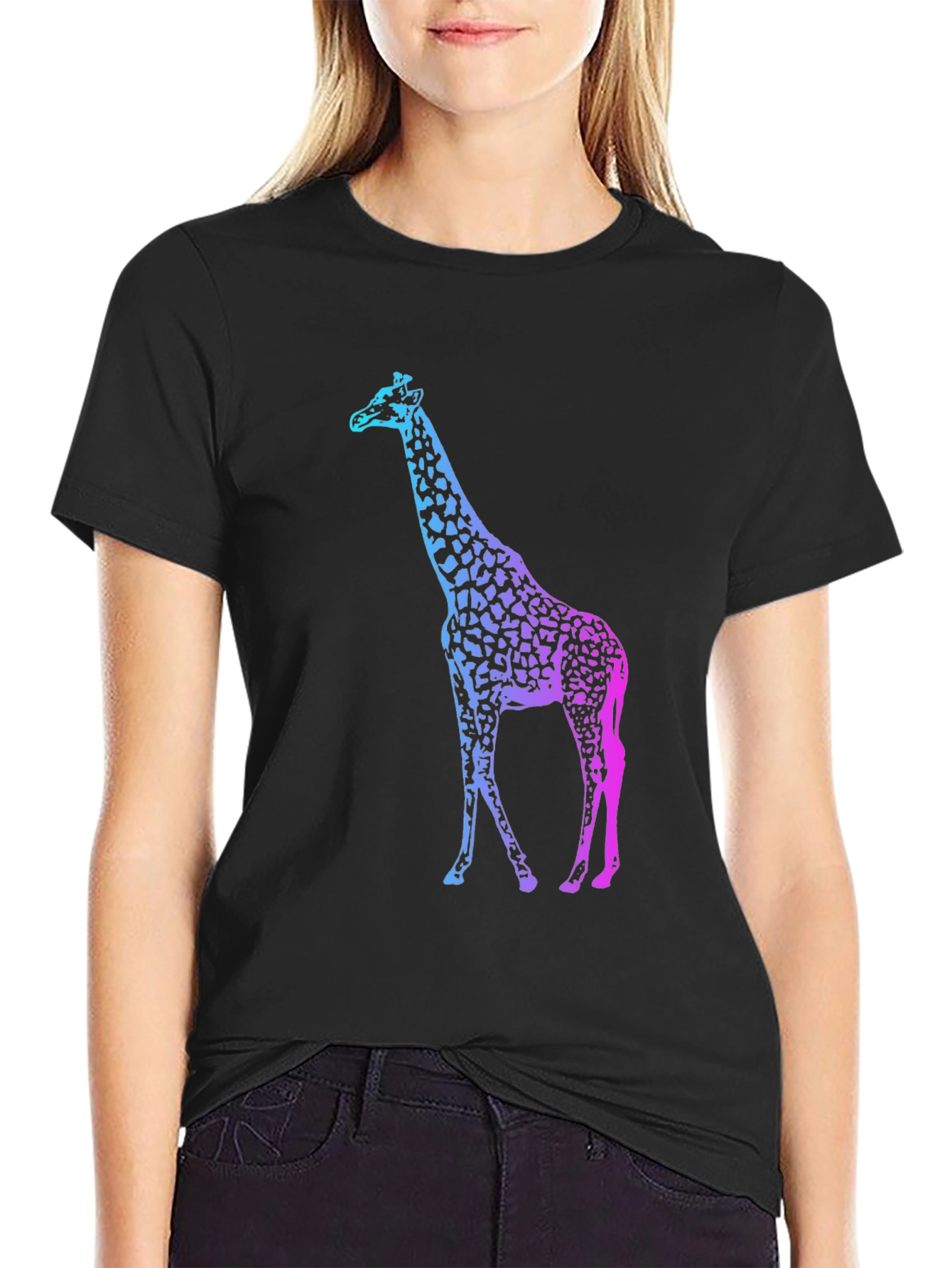 Black Gradient Giraffe Print Black T-Shirt view 2