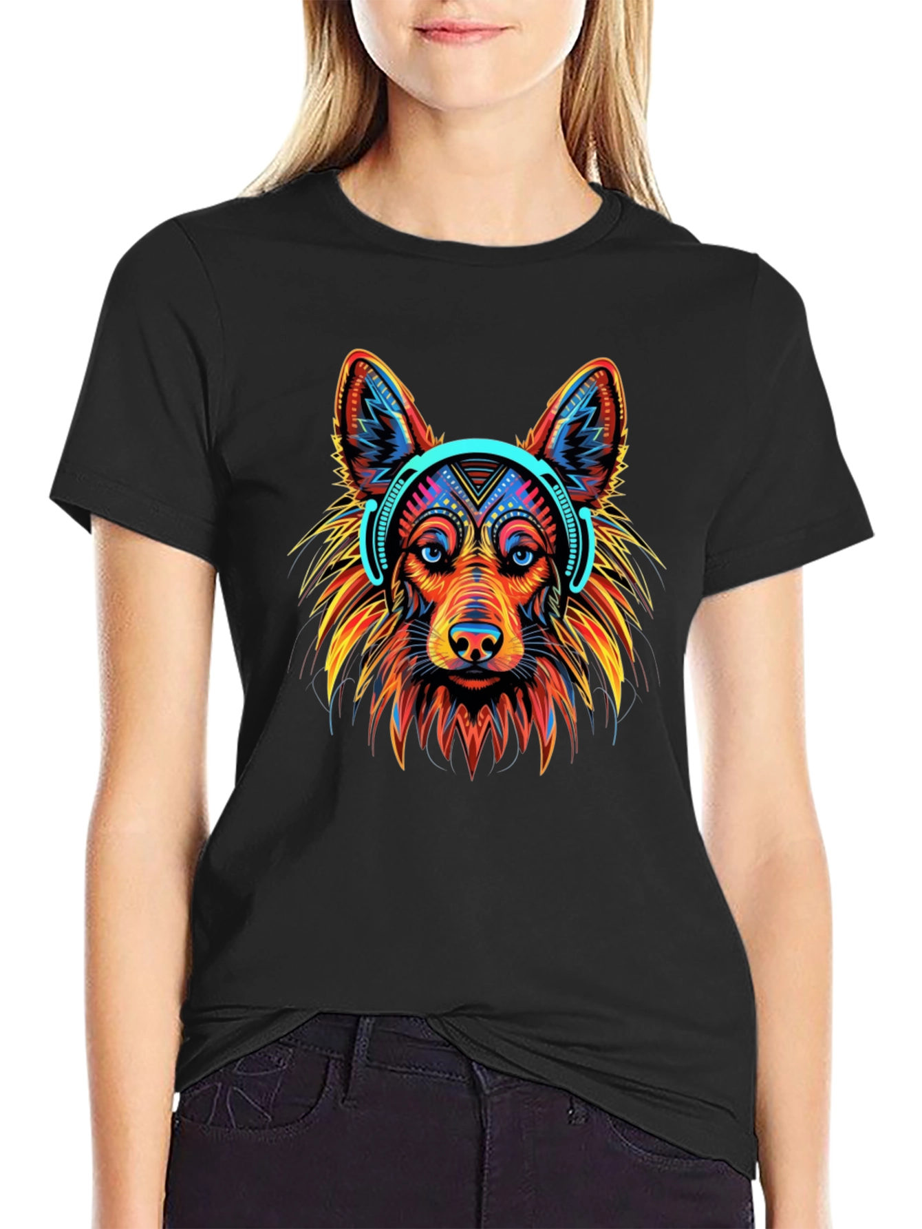 Black Cool Dog Headphones Graphic T-Shirt view 2