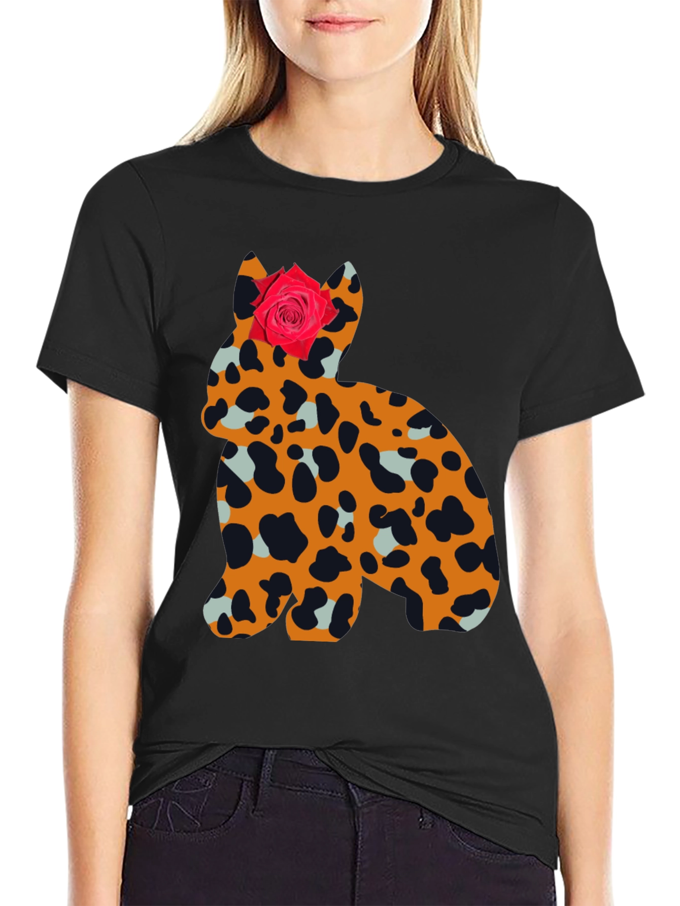 Black Leopard Print Cat with Rose Tee view 2