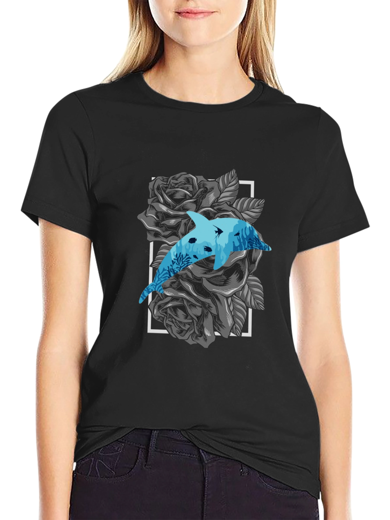 Black Dolphin Rose Graphic Tee - Men's Black T-Shirt view 2