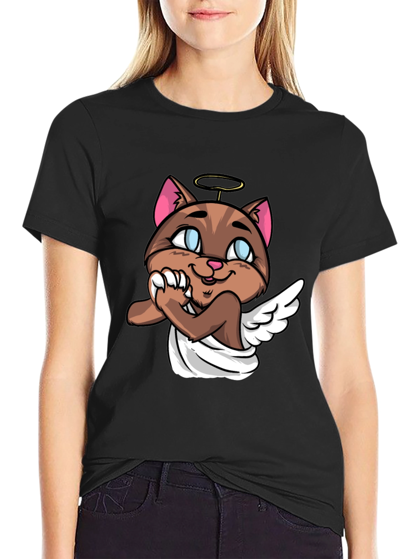 Black Angel Cat Graphic Tee - Unisex Black T-Shirt view 2