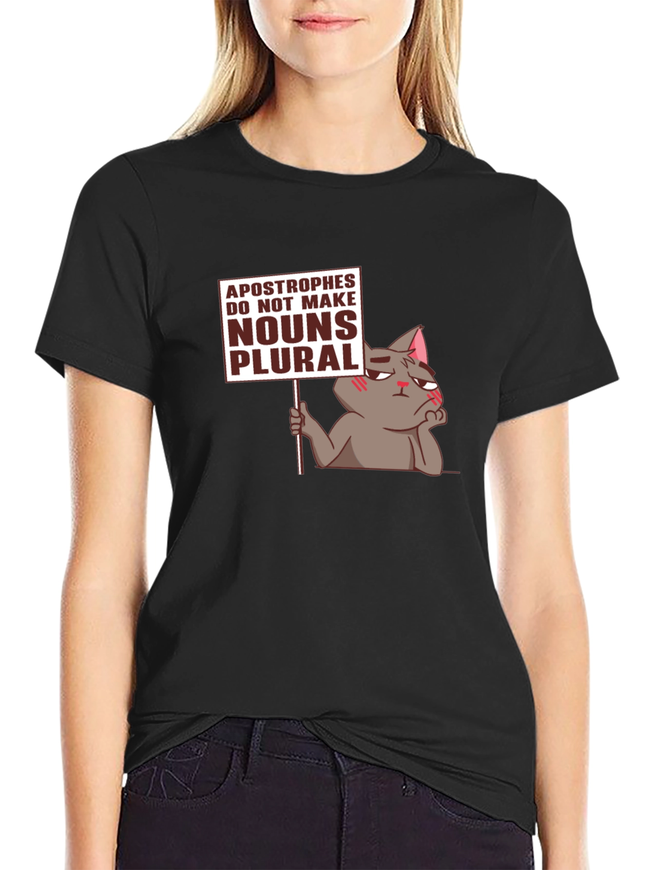 Black Grammar Cat T-Shirt - Apostrophes Do Not Make Nouns Plural Tee view 2
