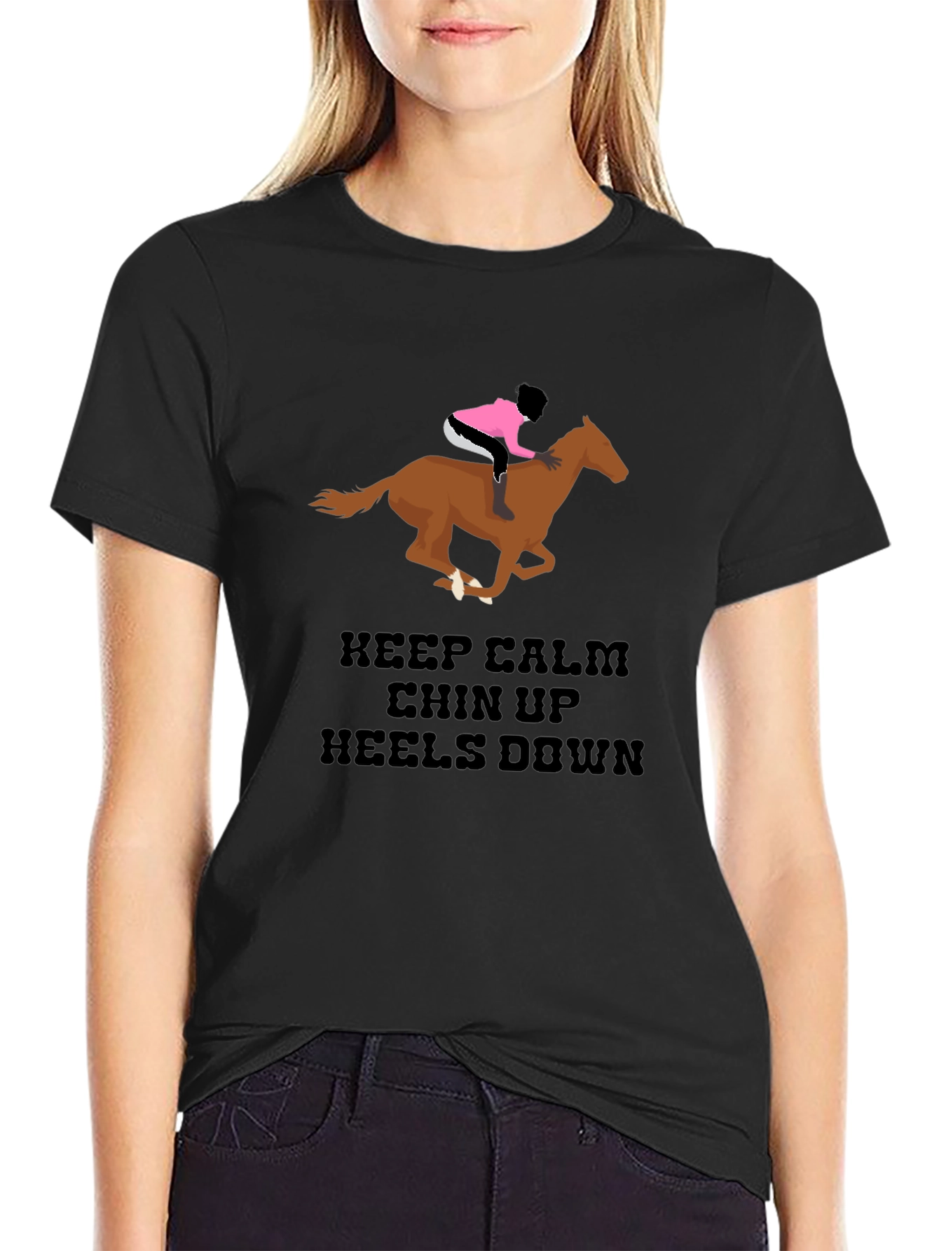 Black Equestrian T-Shirt - Keep Calm Chin Up Heels Down Horse Riding Tee view 2