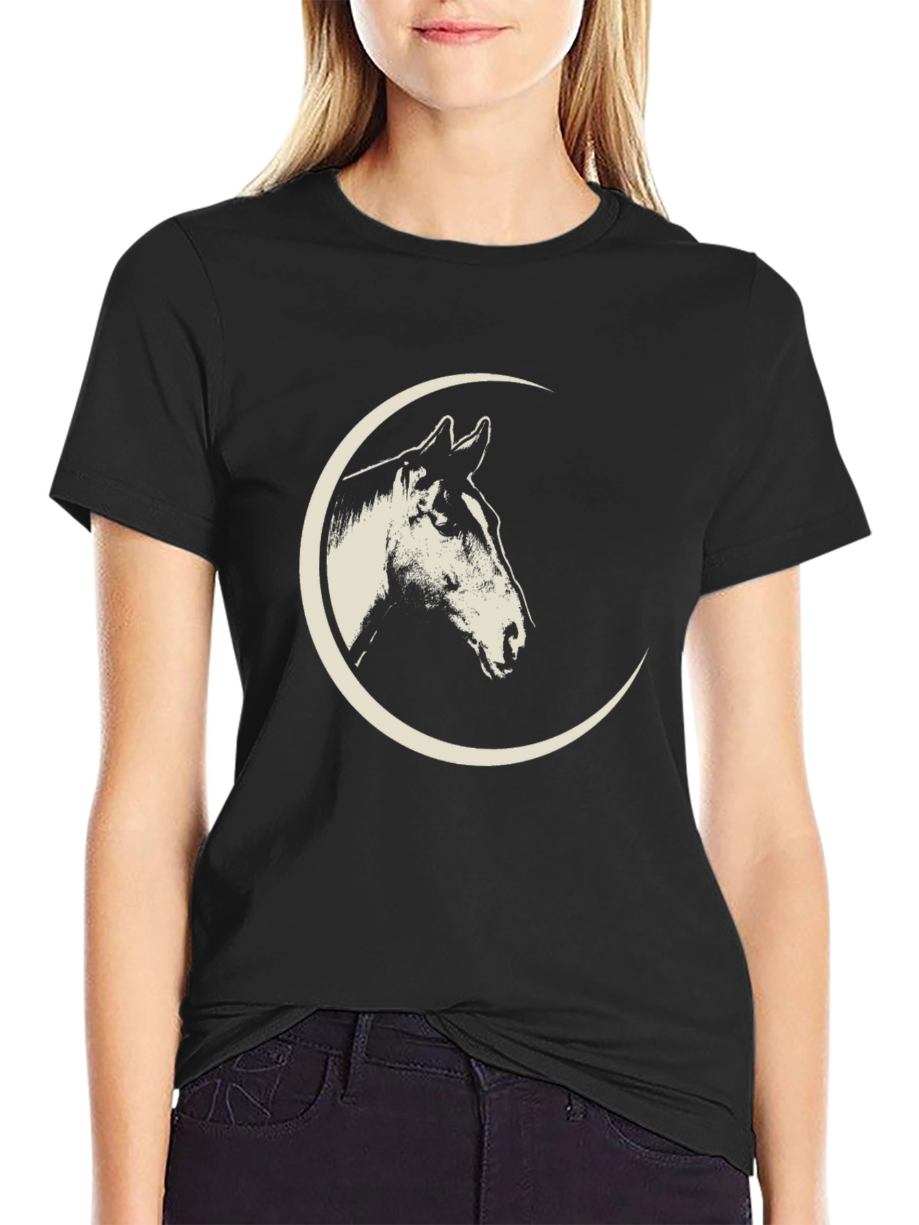 Black Horse Moon Graphic Tee - Black Cotton T-Shirt view 2