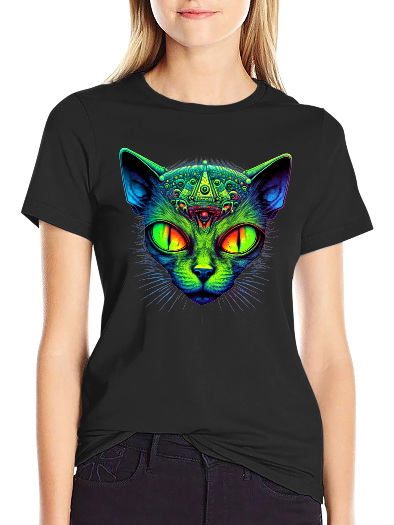 Black Psychedelic Cat Graphic Tee - Black Cotton T-Shirt view 2