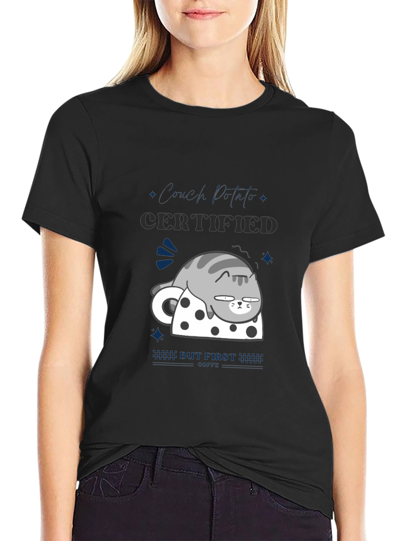 Black Certified Couch Potato T-Shirt - Funny Cat Design view 2