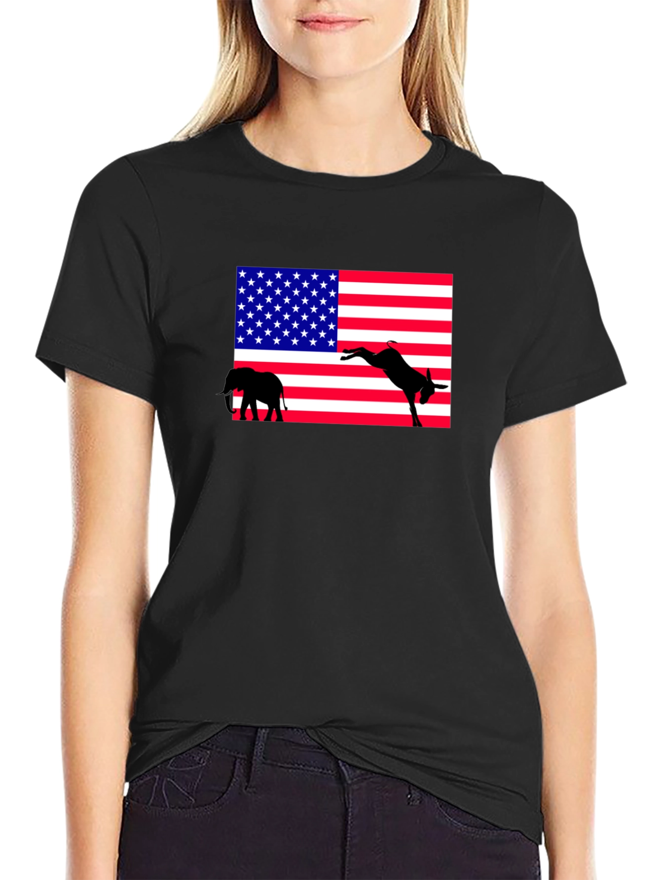 Black Political T-Shirt: Elephant & Donkey American Flag view 2