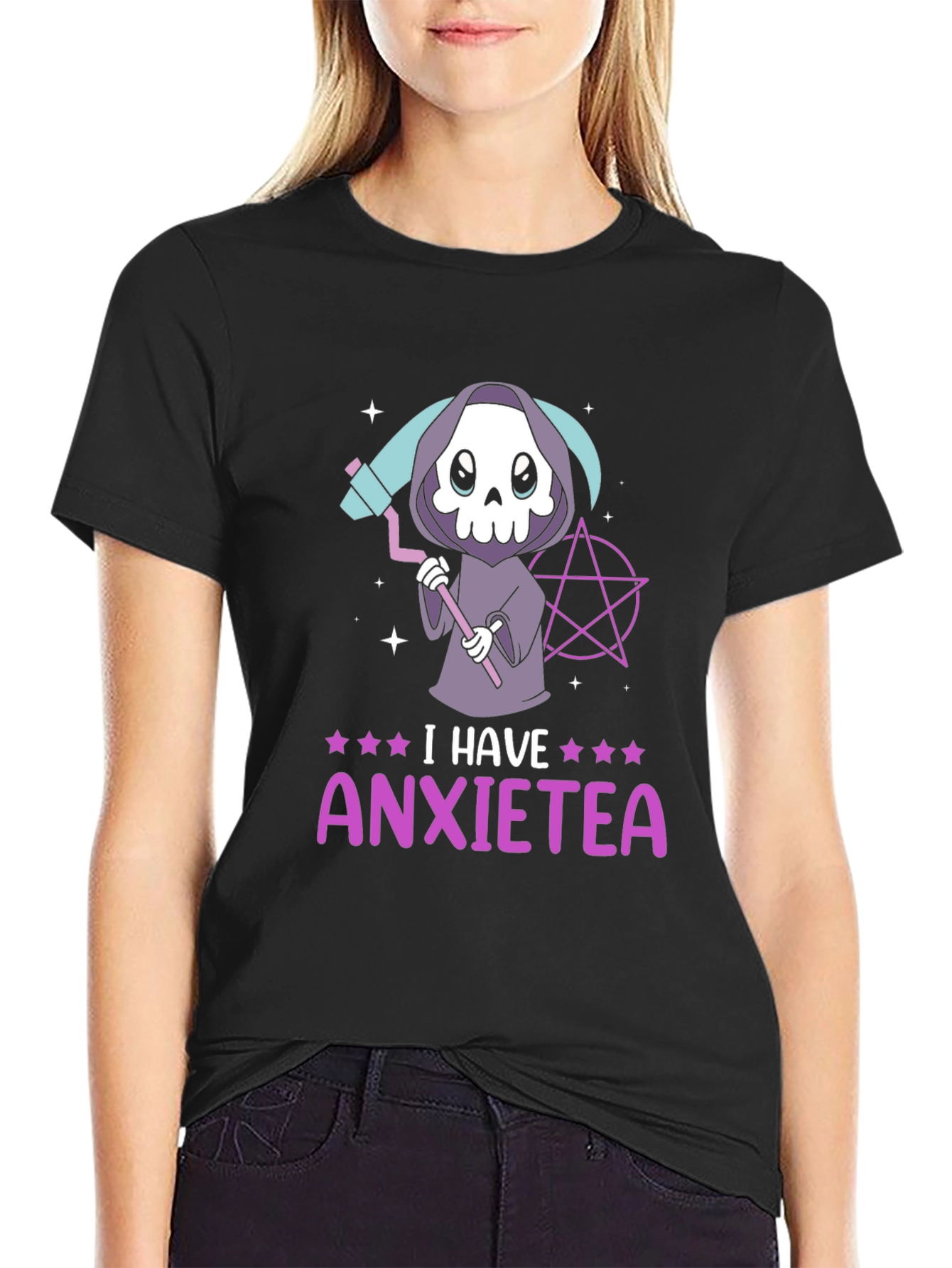 Black Anxietea T-Shirt - Cute Grim Reaper Design view 2